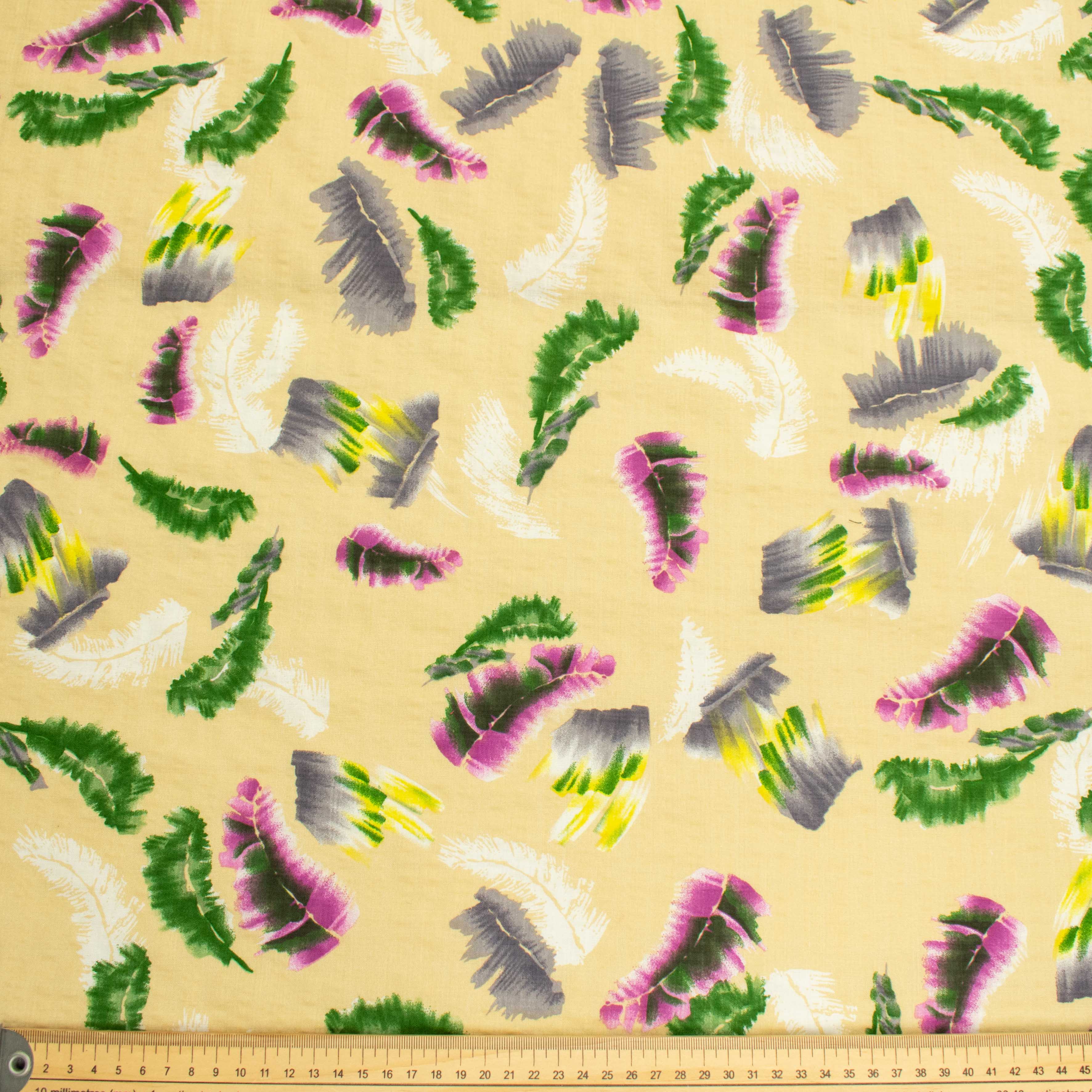 Crinkle Cotton Prints Design-8 Green & Pink Feathers on Yellow
