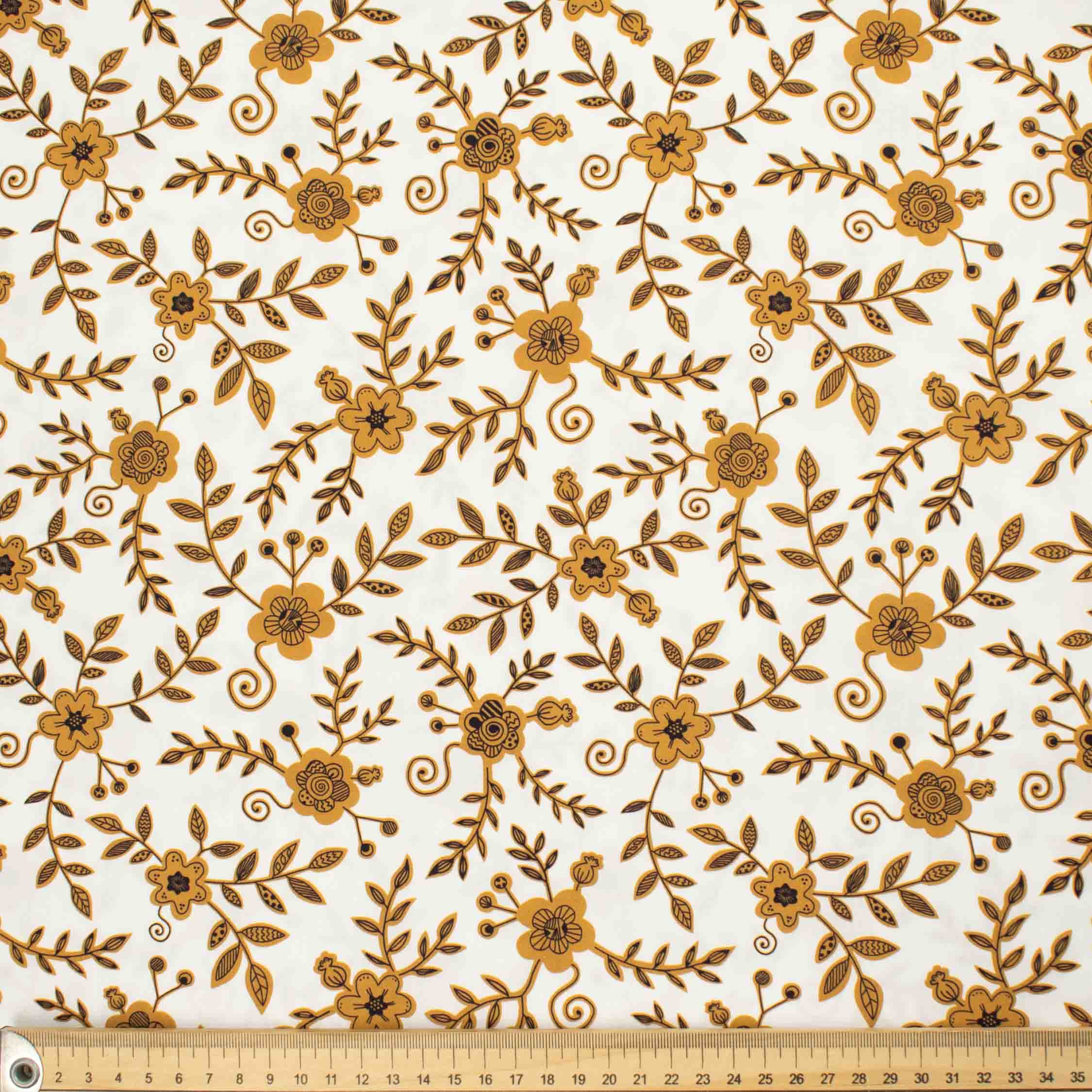 Country Side Collection #03 Mustard Yellow Vines & Floral on White Cotton Prints