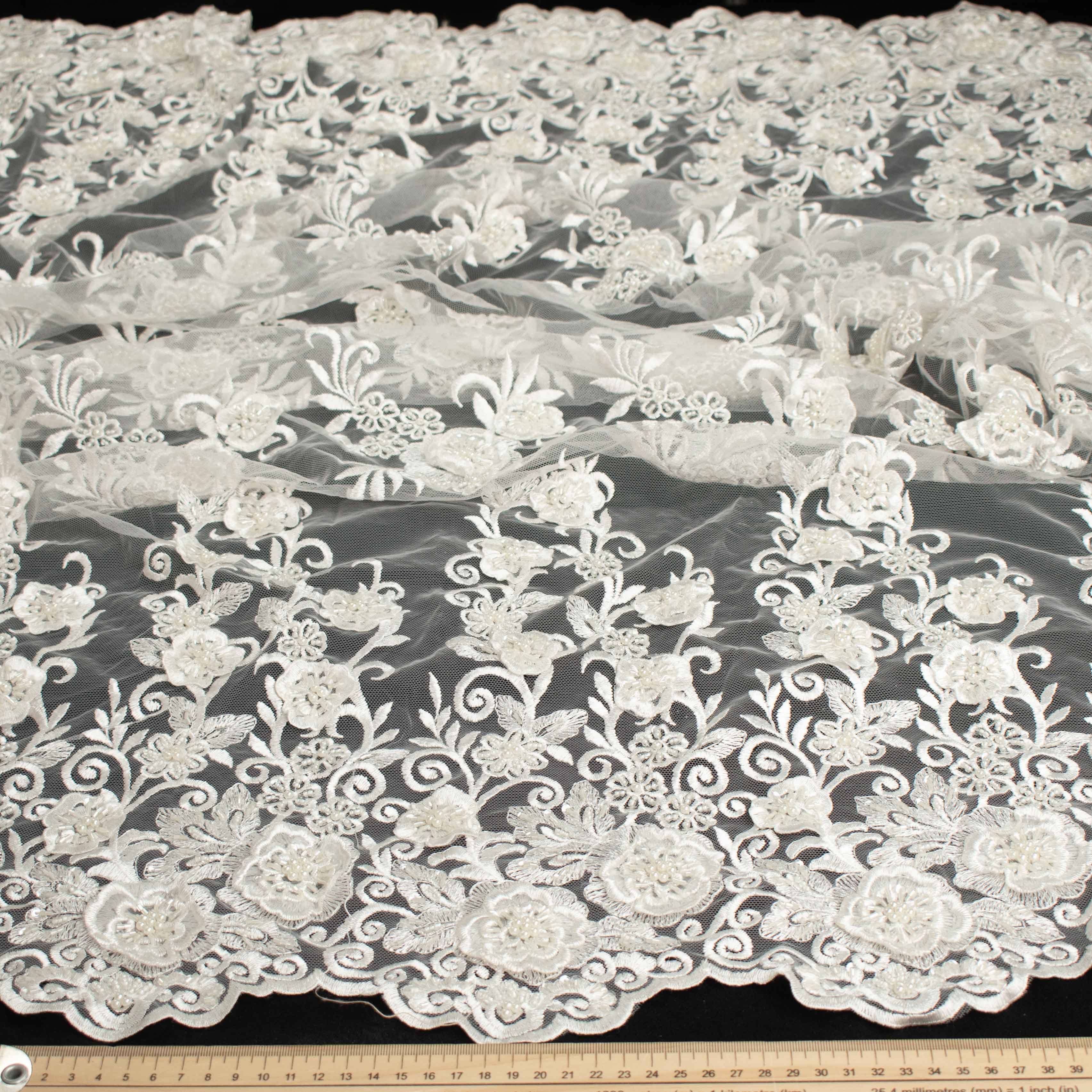 Heavy 3D Flower Pearl Beaded Embroidered Lace Ivory Design-11