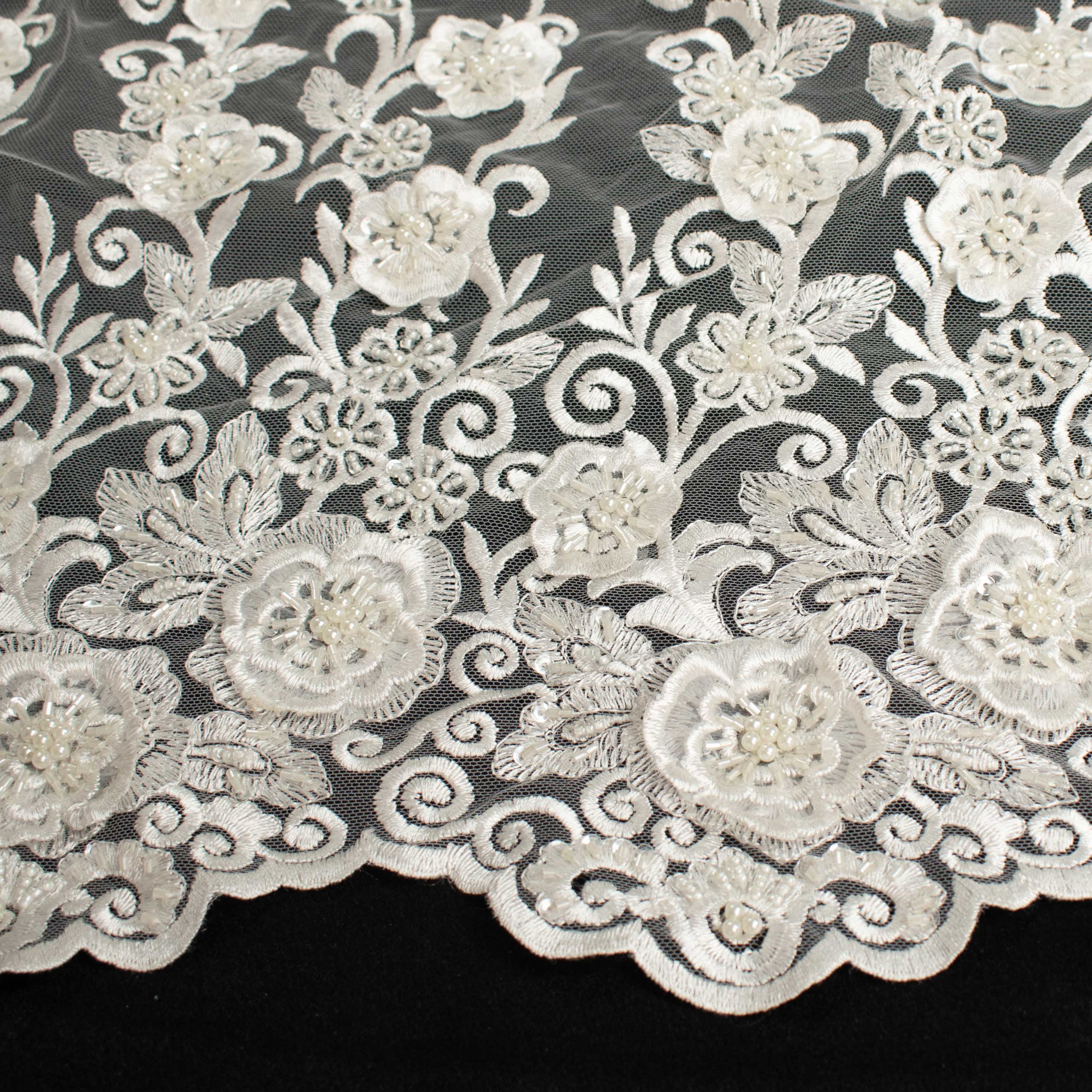 Heavy 3D Flower Pearl Beaded Embroidered Lace Ivory Design-11