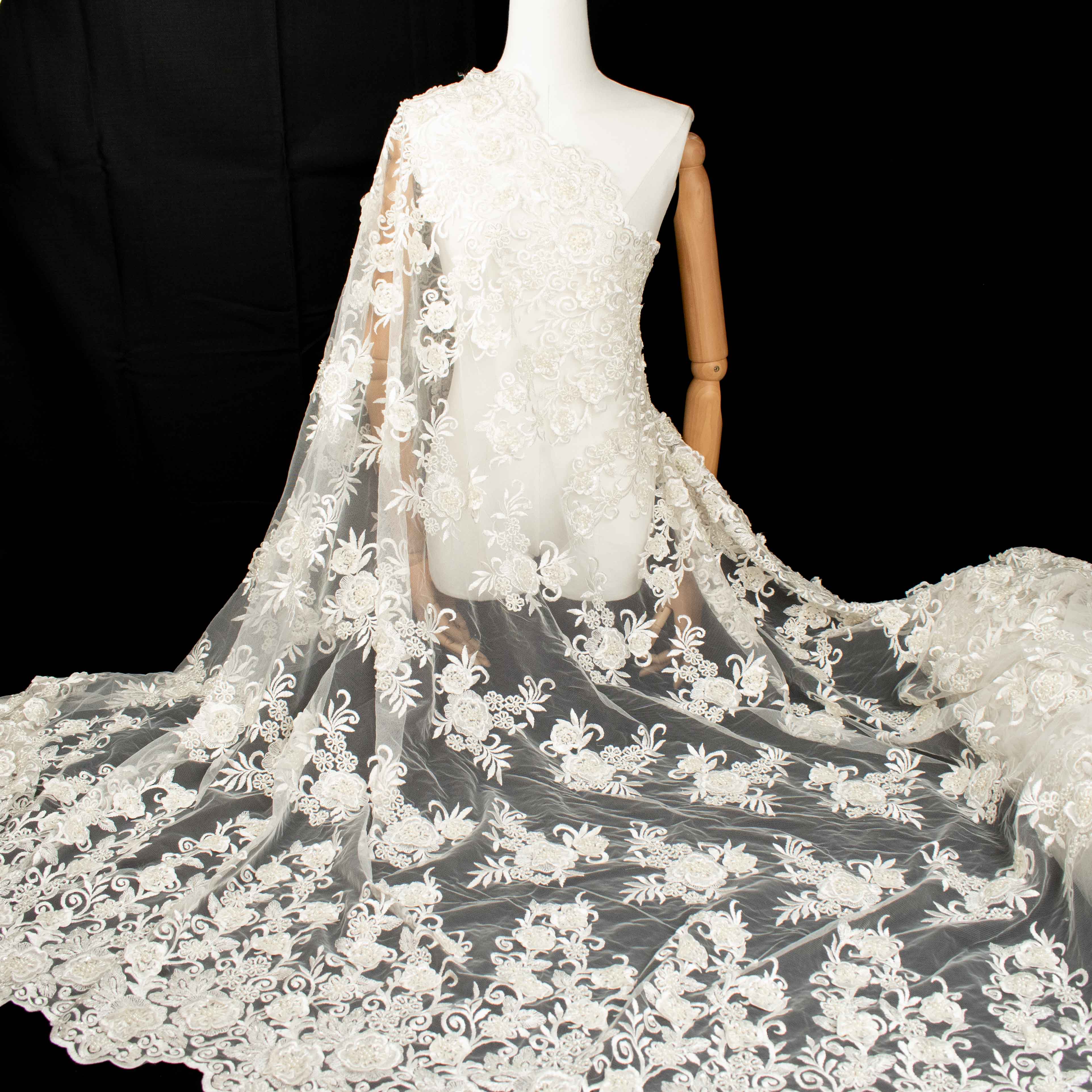 Heavy 3D Flower Pearl Beaded Embroidered Lace Ivory Design-11