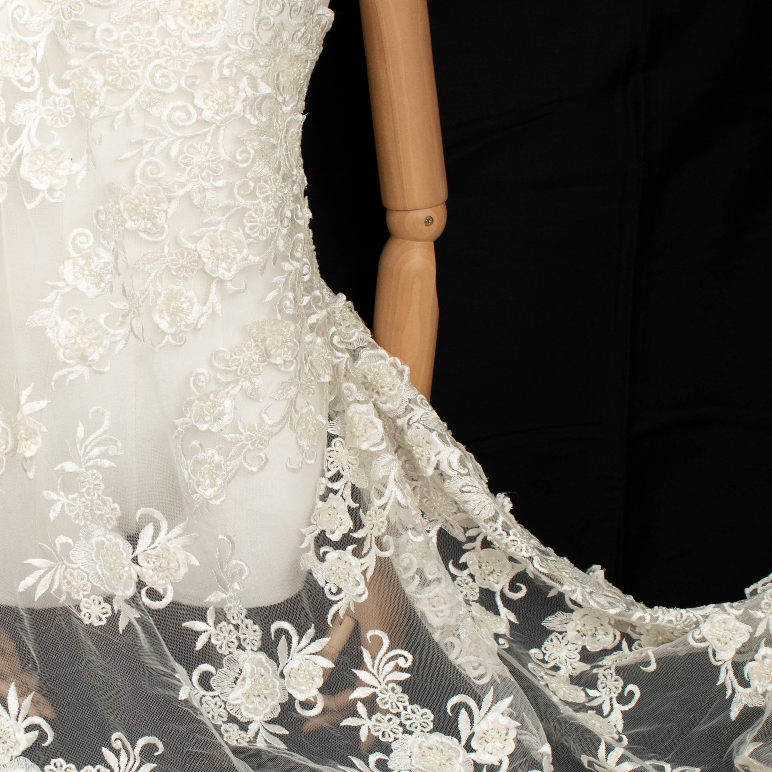 Heavy 3D Flower Pearl Beaded Embroidered Lace Ivory Design-11
