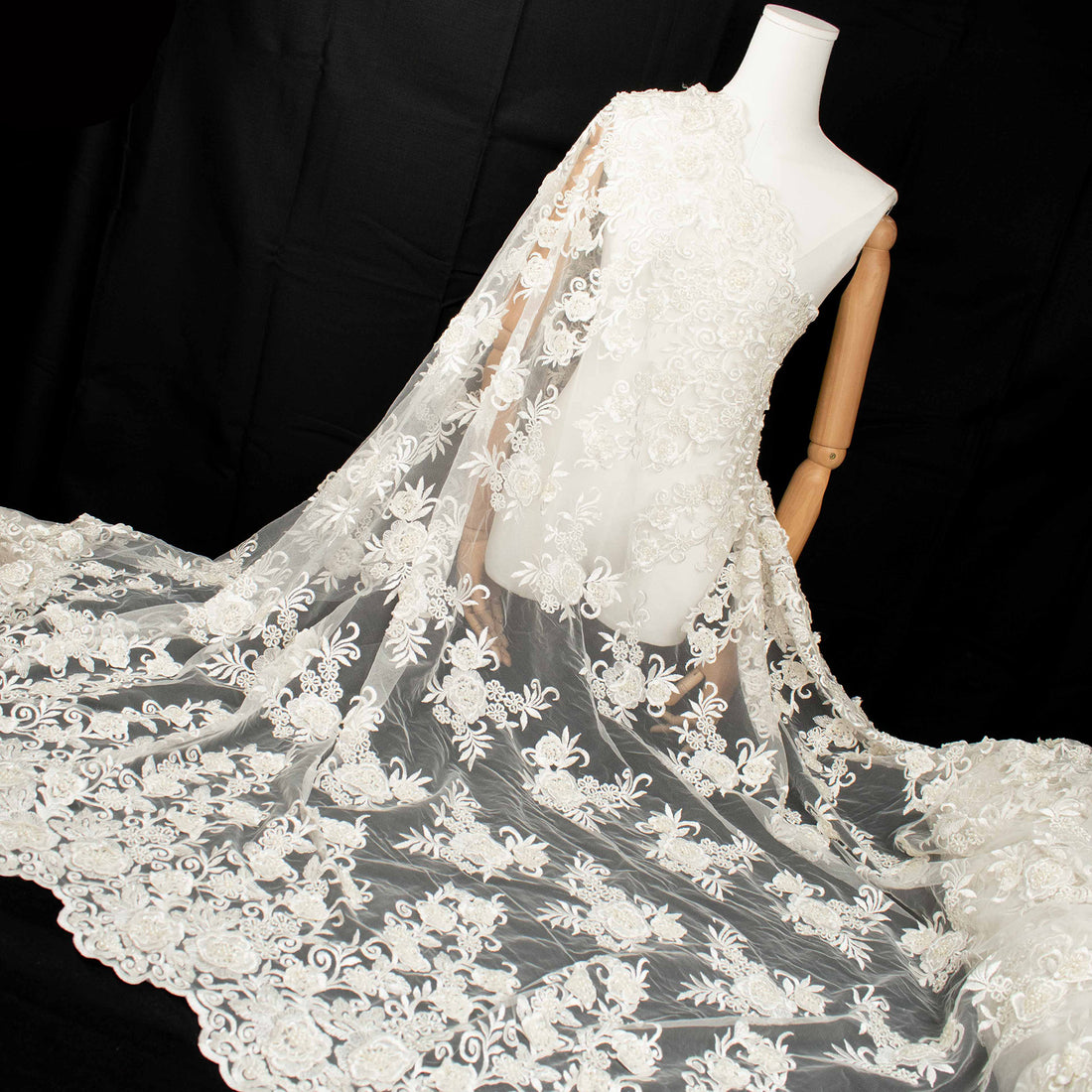 Heavy 3D Flower Pearl Beaded Embroidered Lace Ivory Design-11