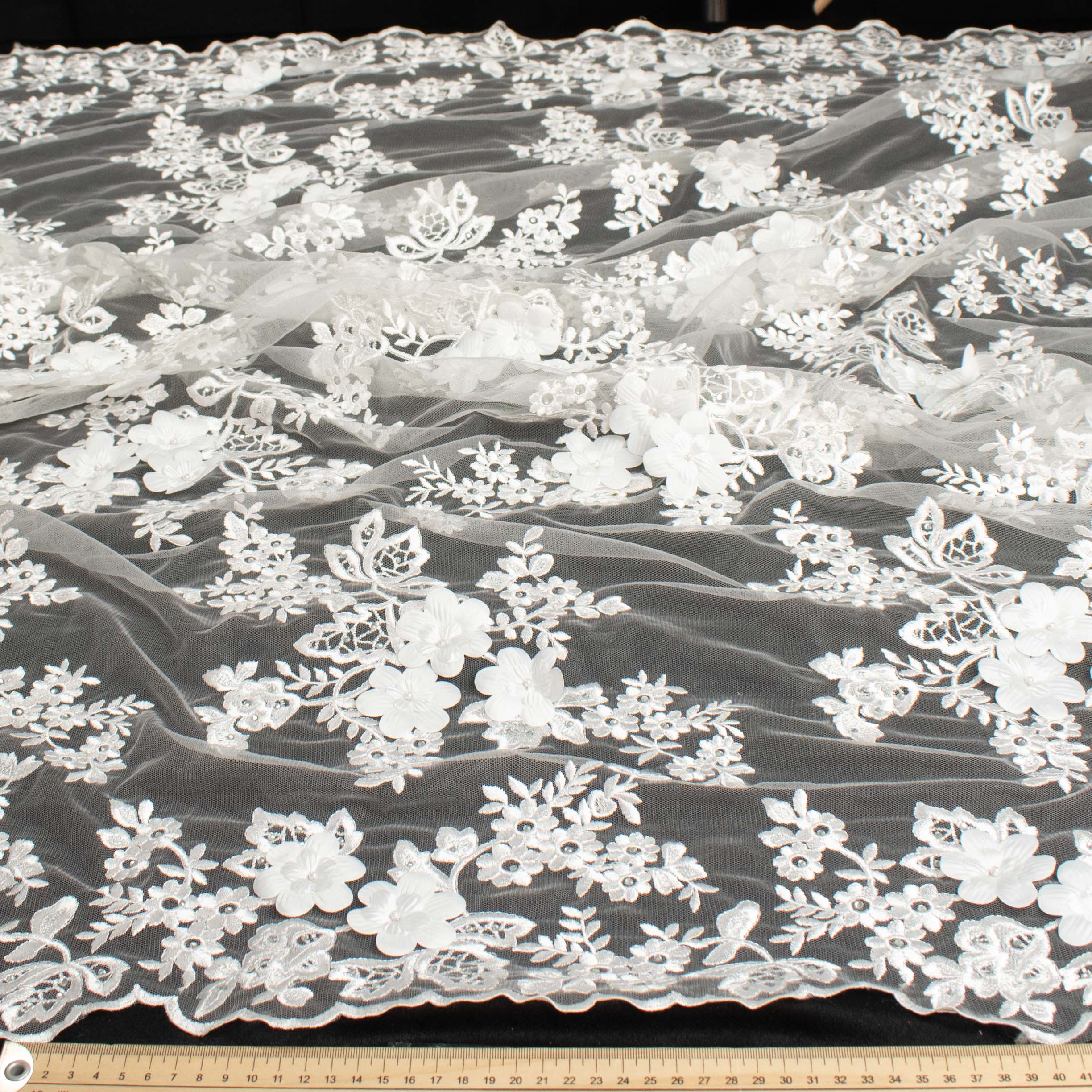 3D Flower Pearl Diamante Embroidery Lace White Design-12