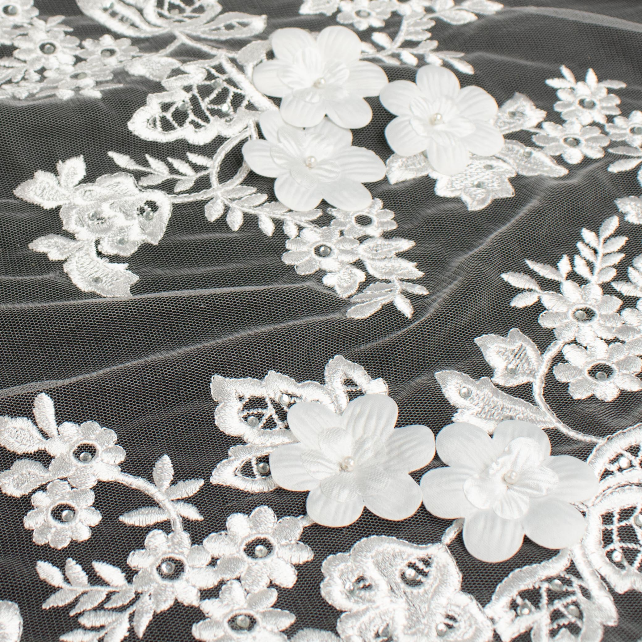 3D Flower Pearl Diamante Embroidery Lace White Design-12