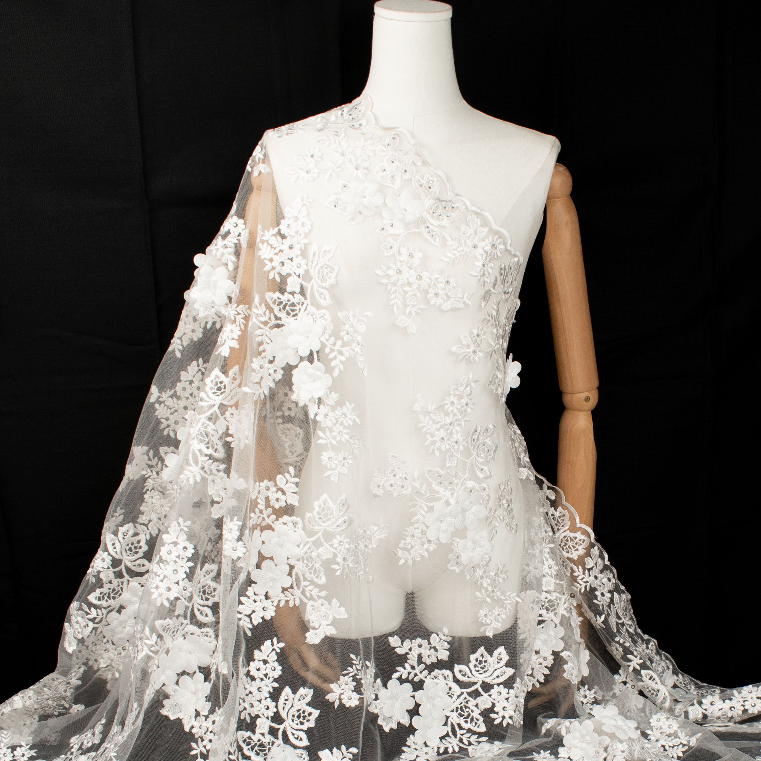 3D Flower Pearl Diamante Embroidery Lace White Design-12