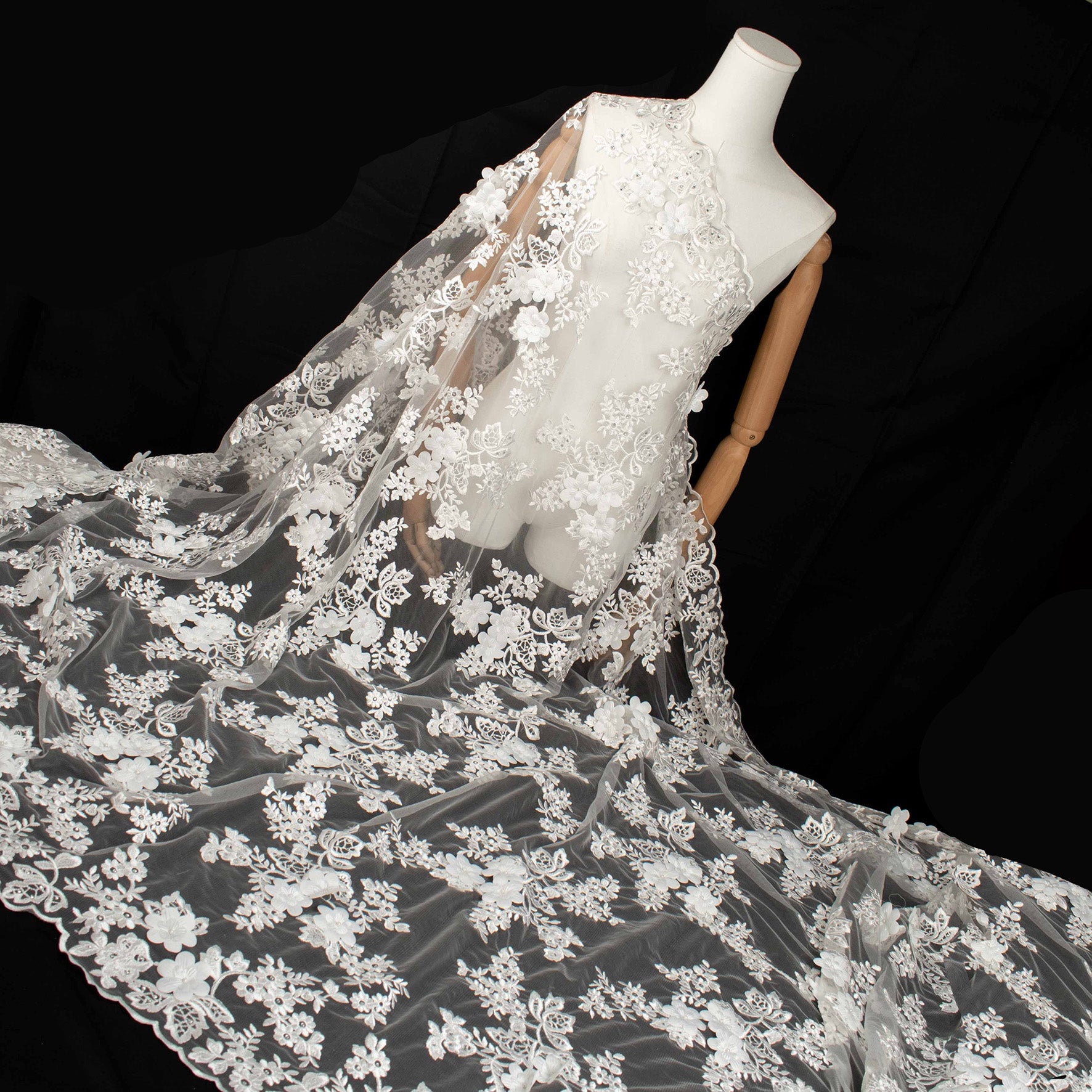 3D Flower Pearl Diamante Embroidery Lace White Design-12
