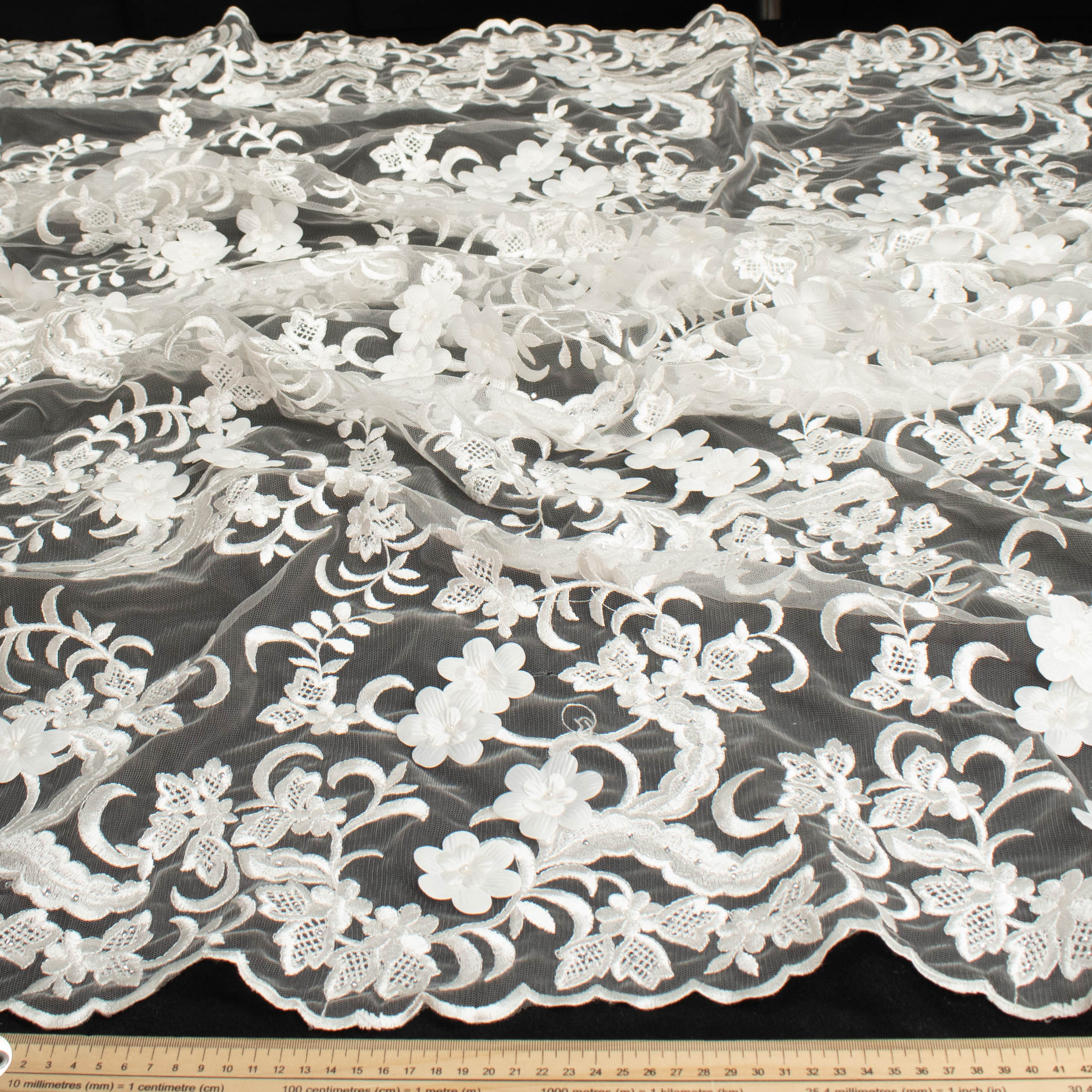 3D Flower Pearl Diamante Embroidery Lace Ivory Design-13