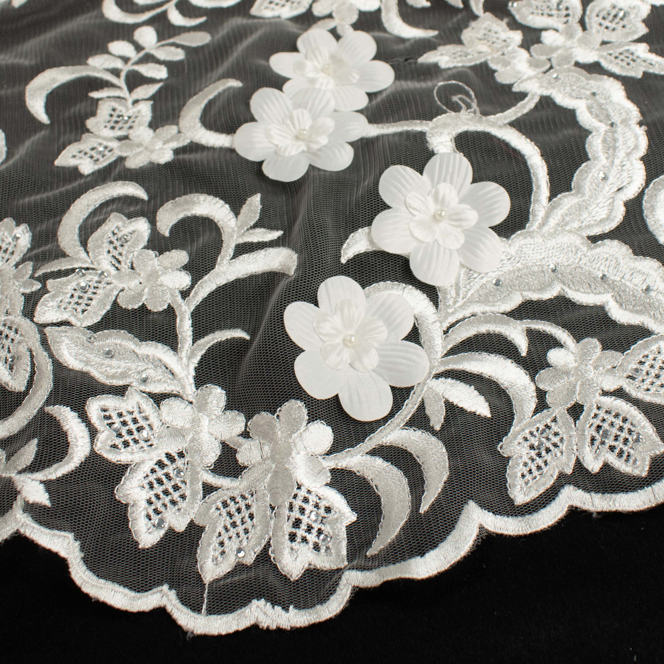 3D Flower Pearl Diamante Embroidery Lace Ivory Design-13