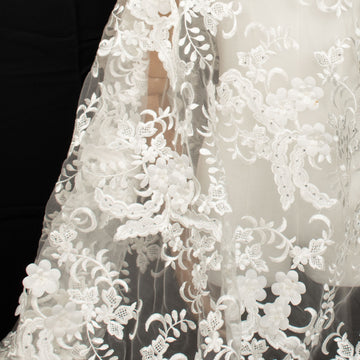 3D Flower Pearl Diamante Embroidery Lace Ivory Design-13