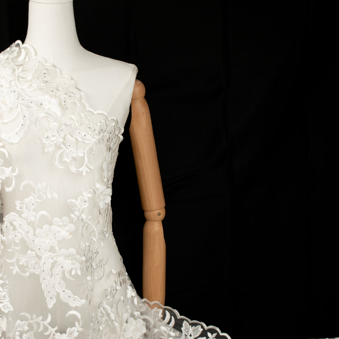 3D Flower Pearl Diamante Embroidery Lace Ivory Design-13