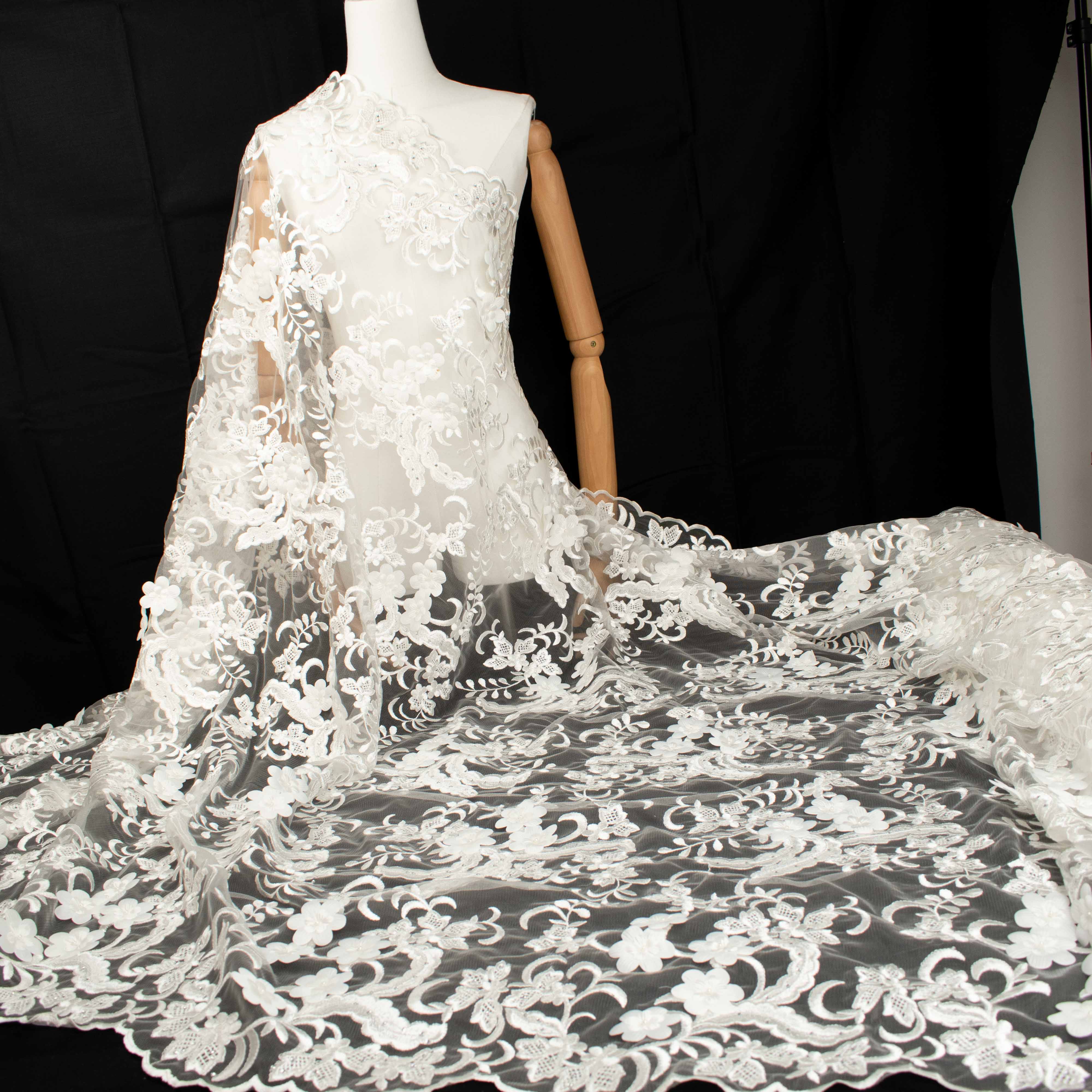 3D Flower Pearl Diamante Embroidery Lace Ivory Design-13
