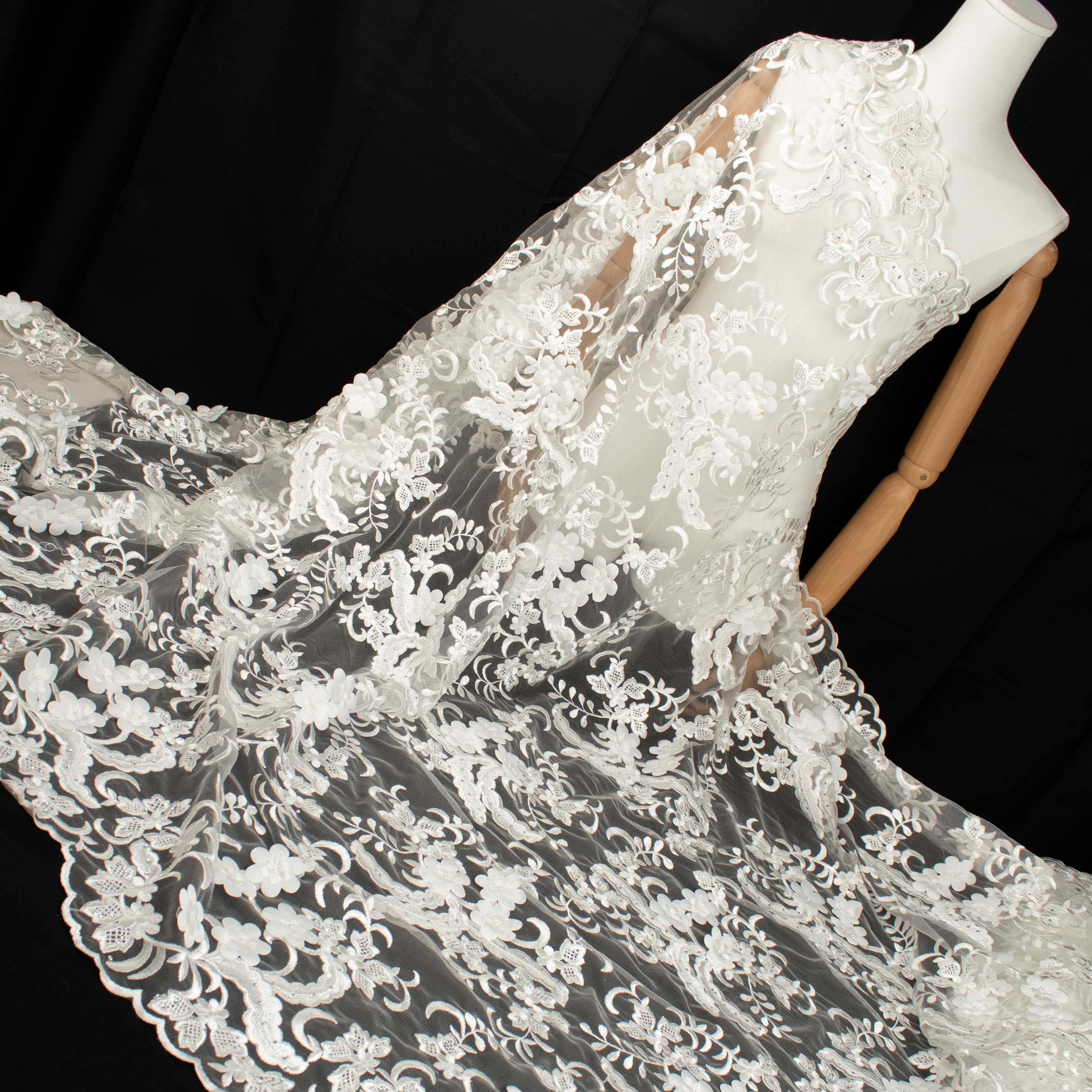 3D Flower Pearl Diamante Embroidery Lace Ivory Design-13