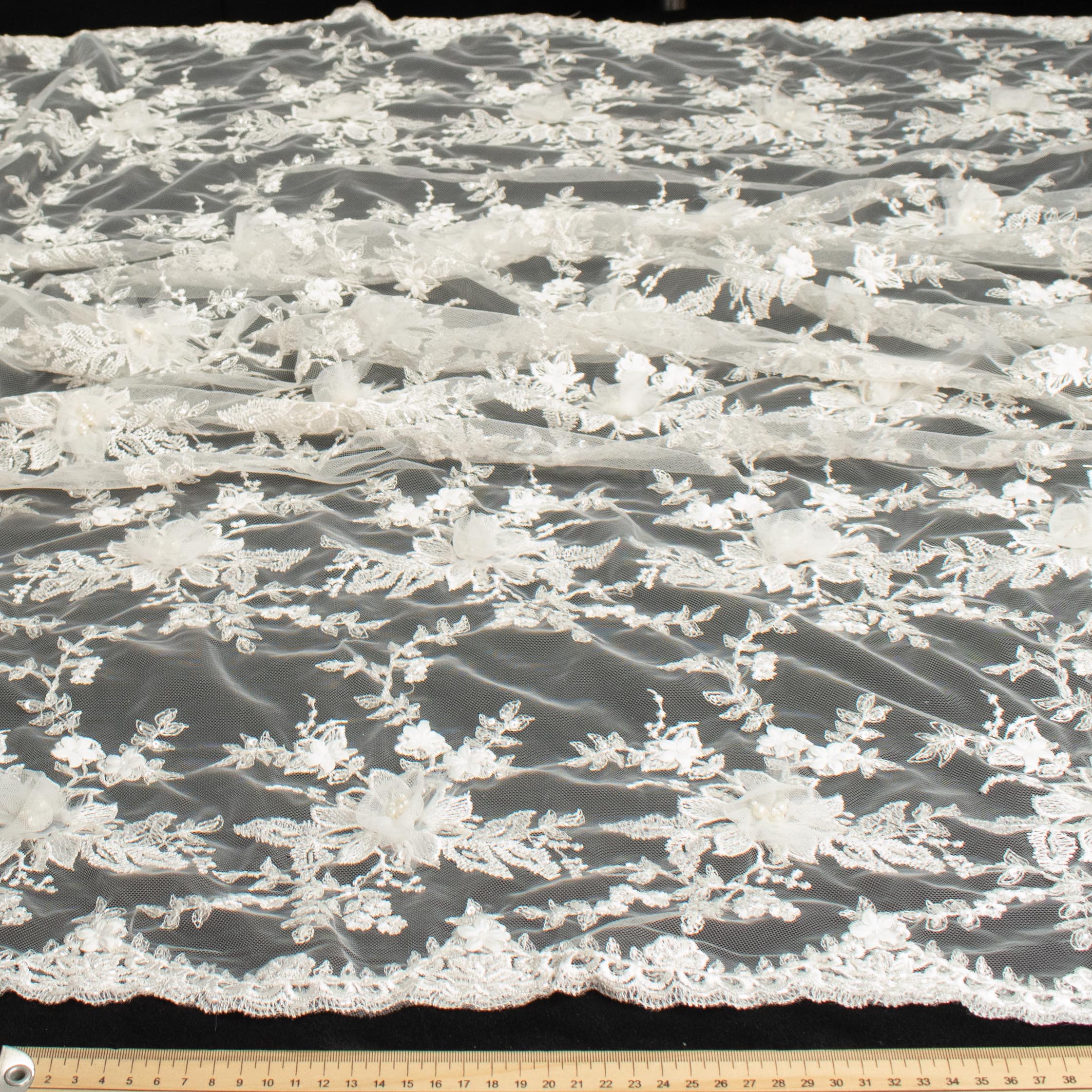 3D Flower Pearl Beaded Embroidery Lace Ivory Design-14