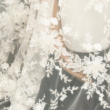 3D Flower Pearl Beaded Embroidery Lace Ivory Design-14