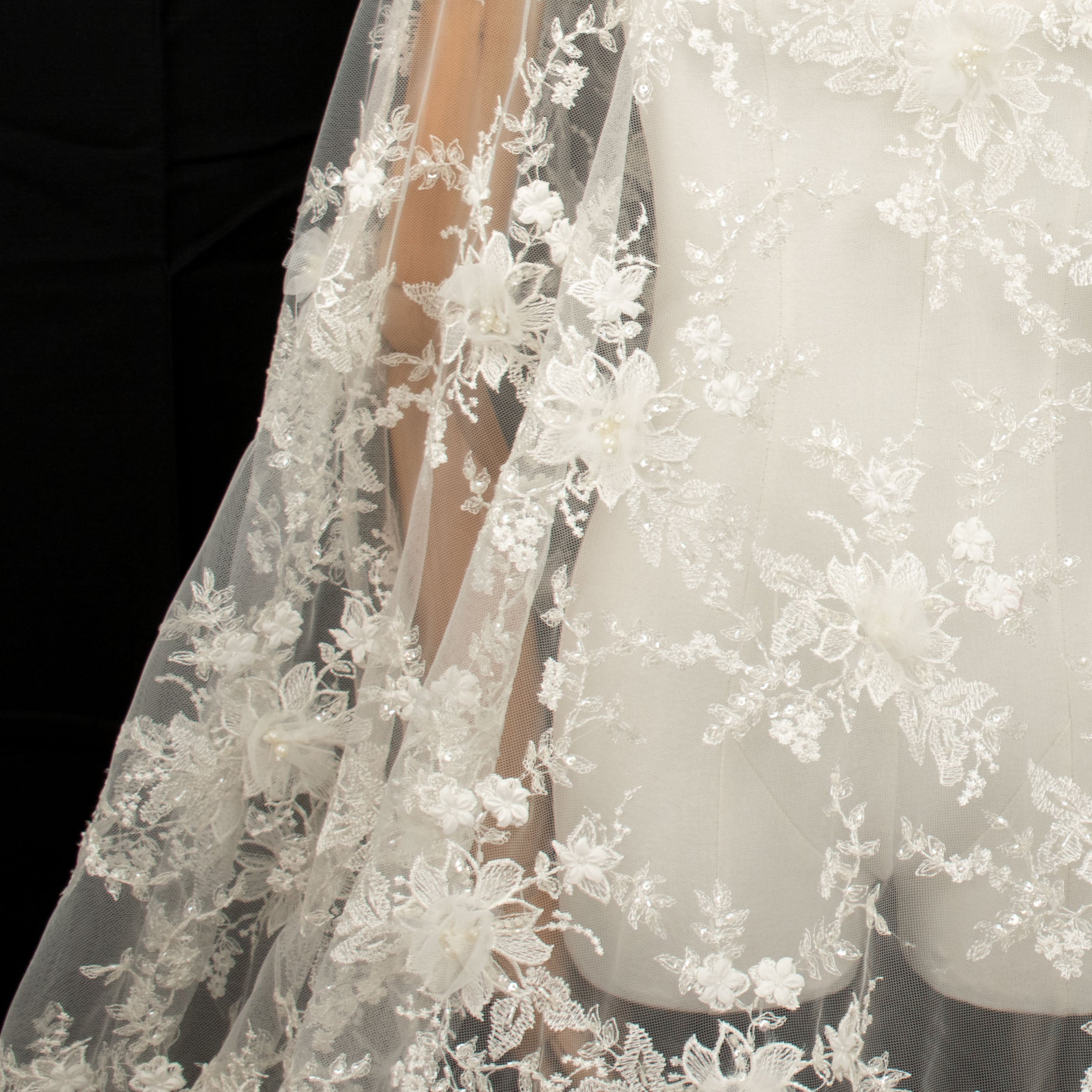 3D Flower Pearl Beaded Embroidery Lace Ivory Design-14