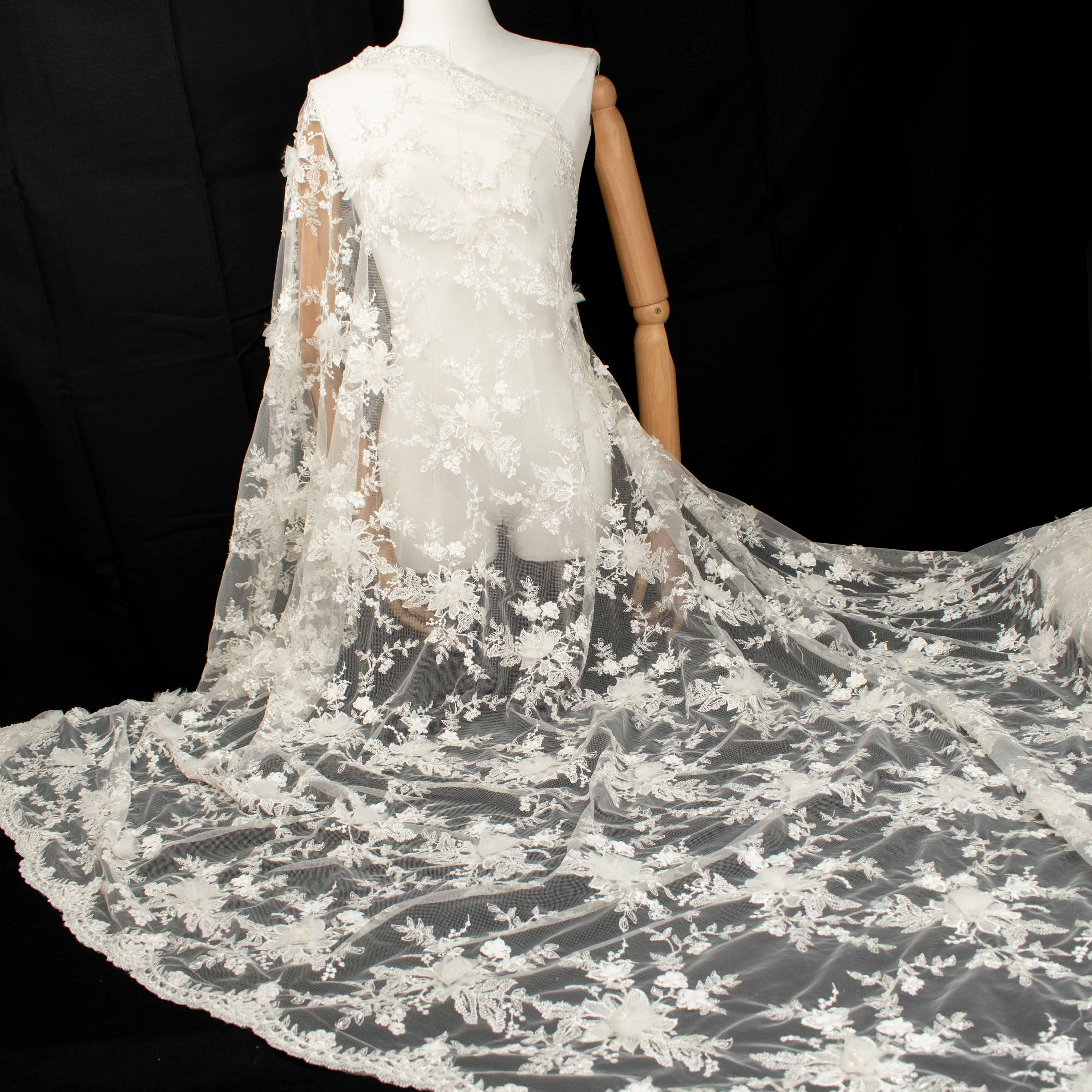 3D Flower Pearl Beaded Embroidery Lace Ivory Design-14