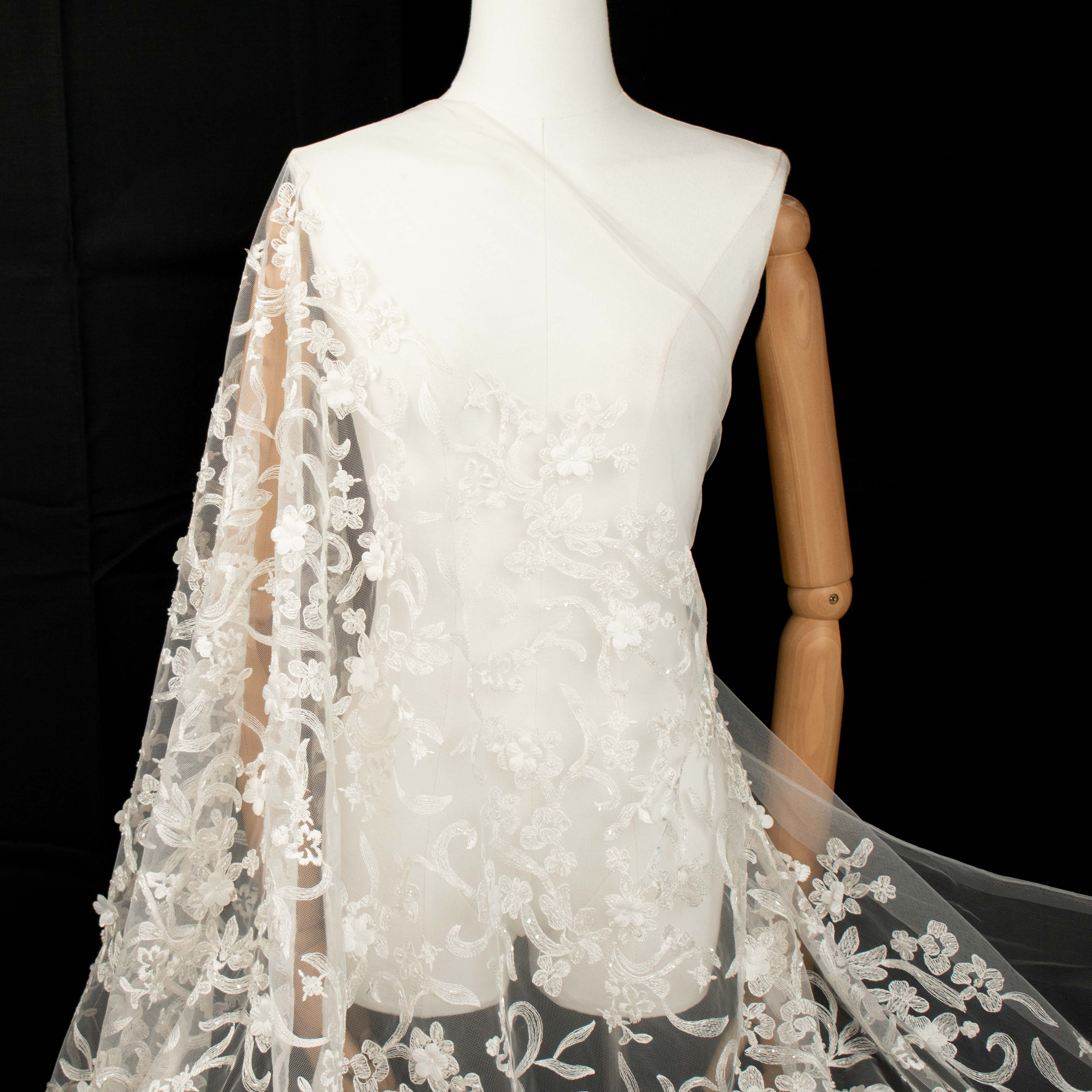 3D Flower Pearl Embroidery Lace White Design-16