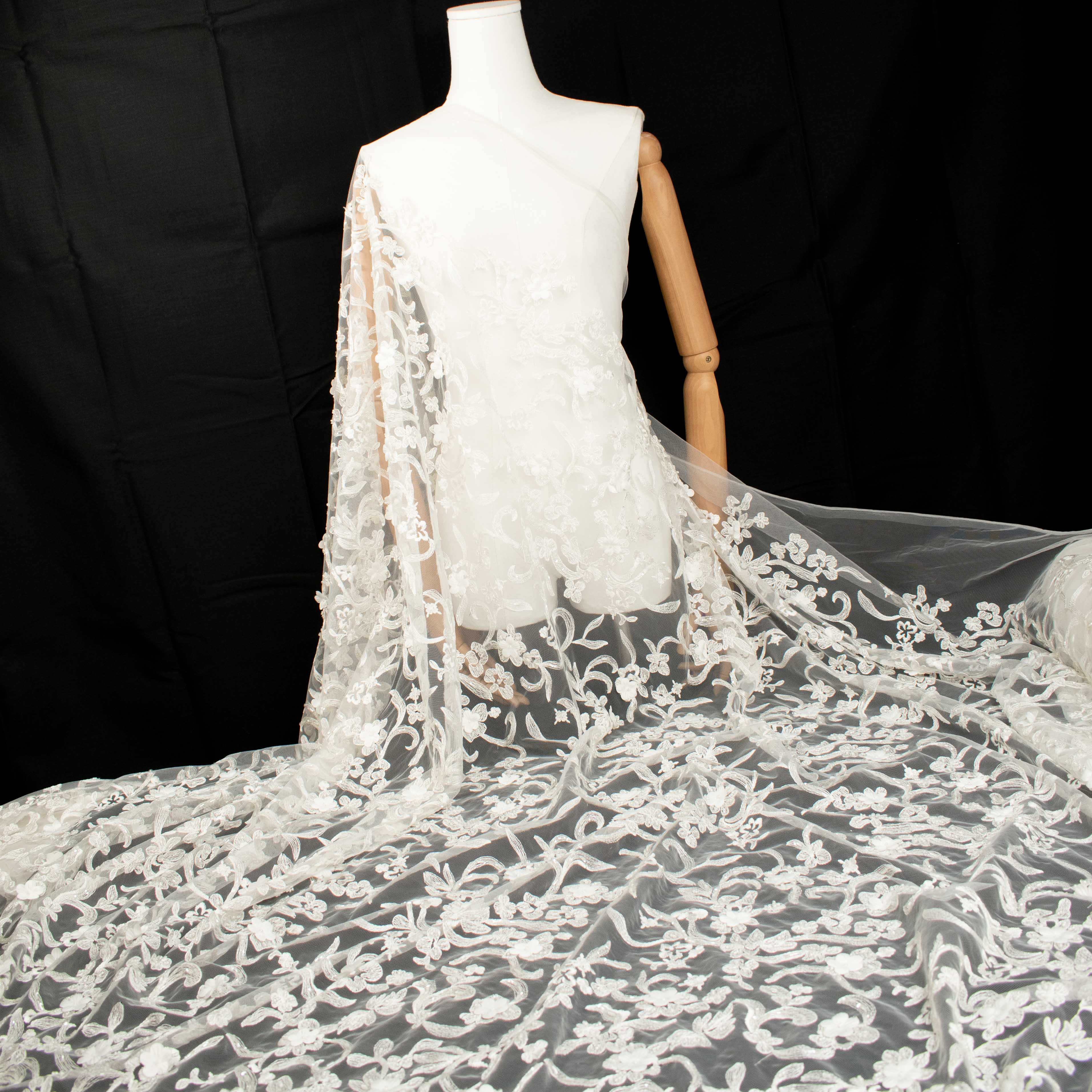 3D Flower Pearl Embroidery Lace White Design-16