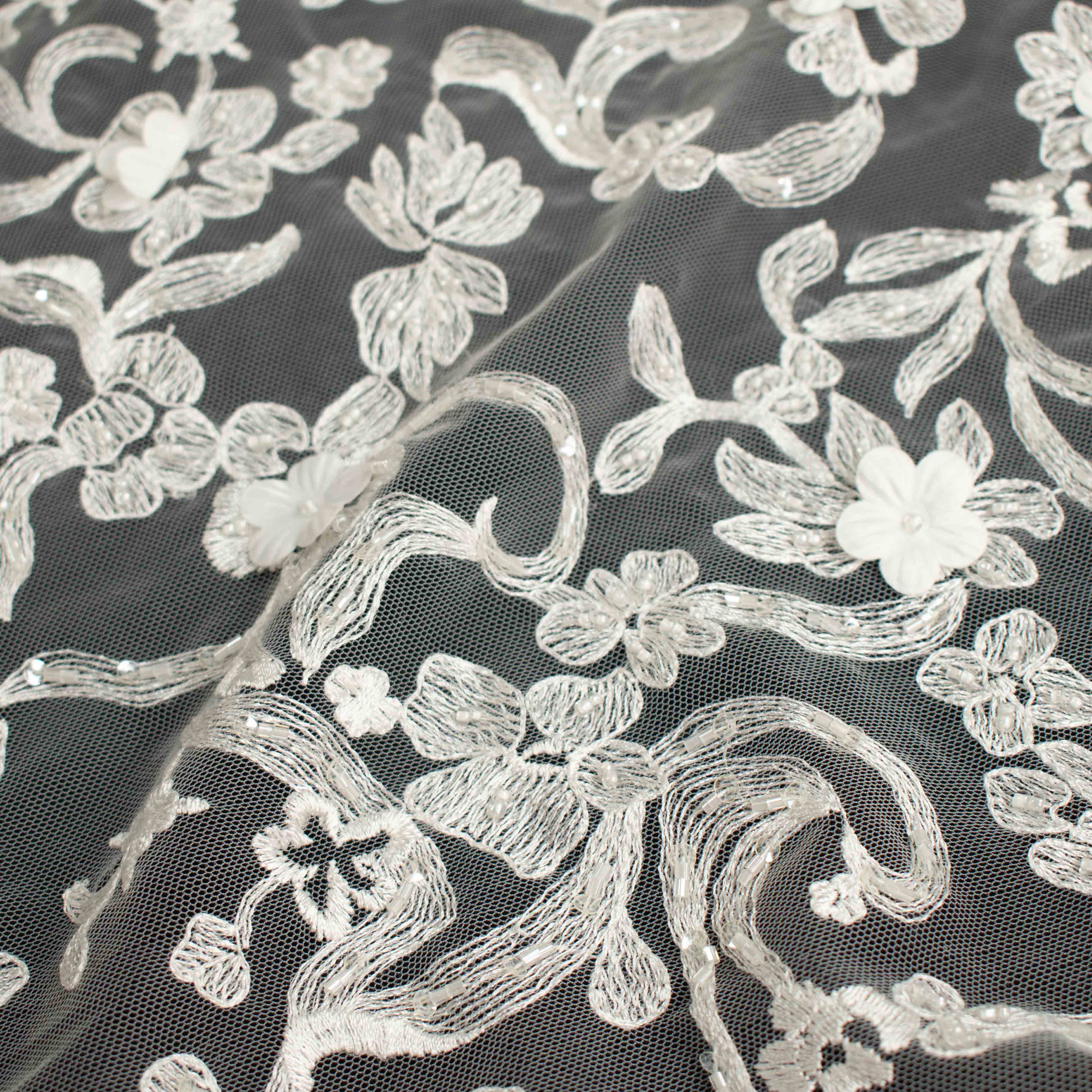 3D Flower Pearl Embroidery Lace White Design-16