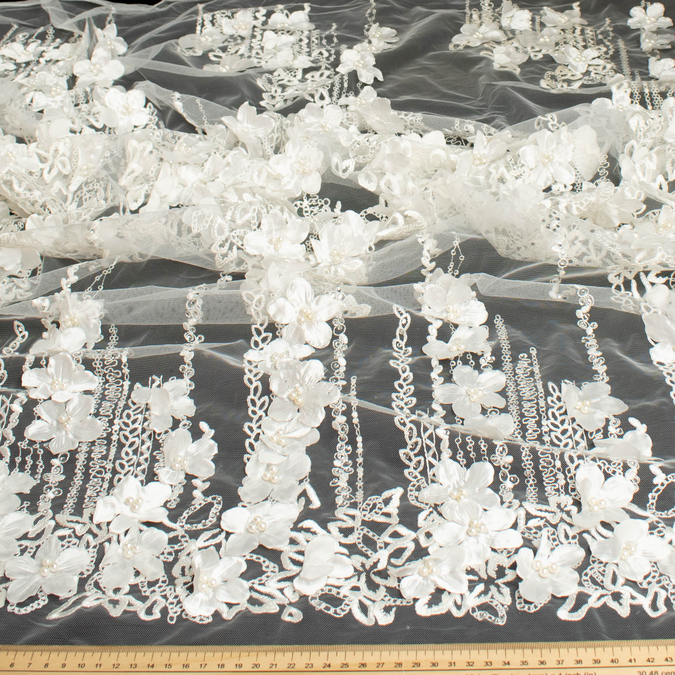 3D Flower Pearl Diamanta Embroidered Lace Ivory Design-7
