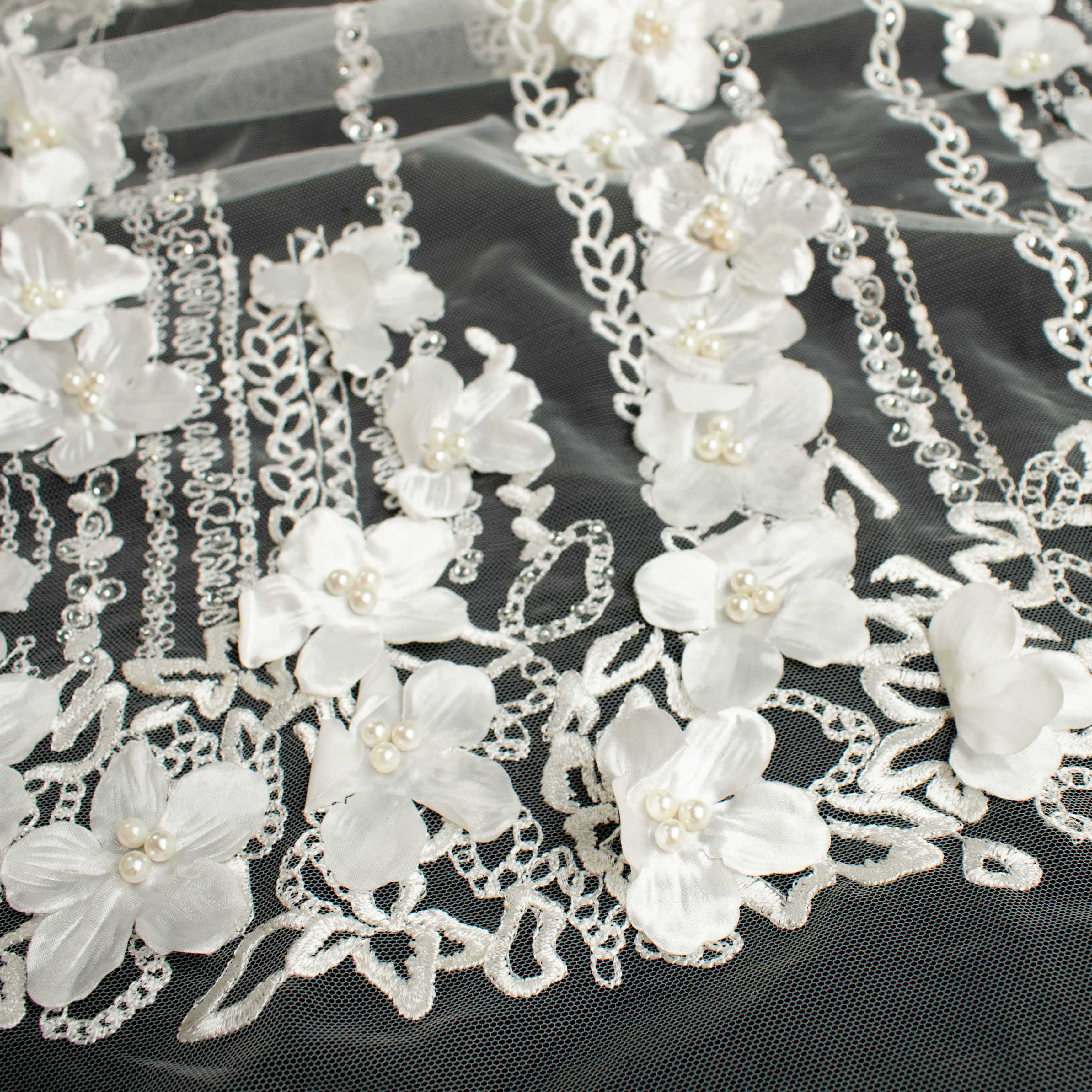 3D Flower Pearl Diamanta Embroidered Lace Ivory Design-7