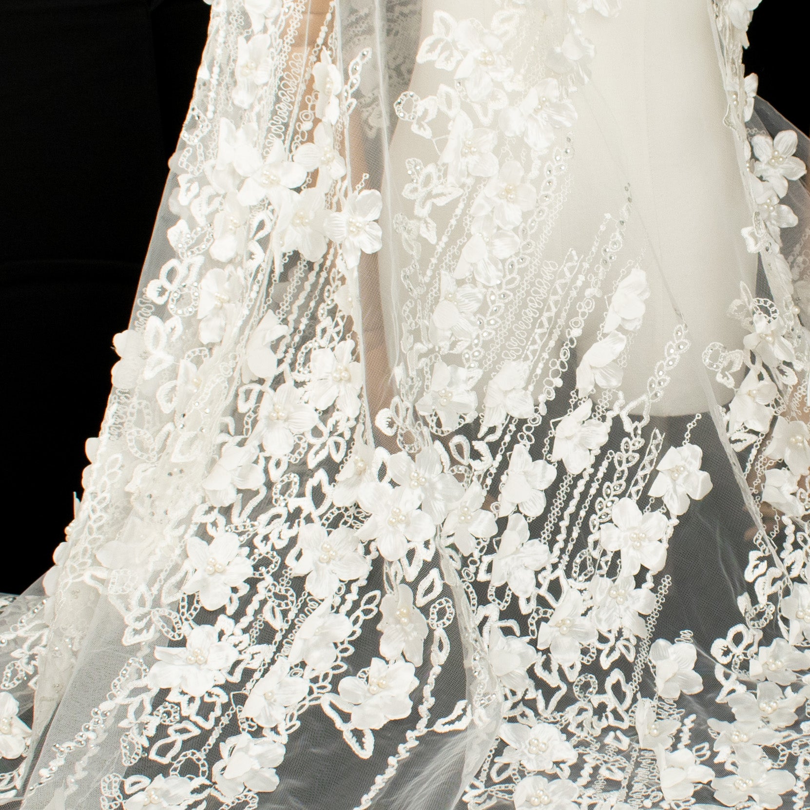 3D Flower Pearl Diamanta Embroidered Lace Ivory Design-7