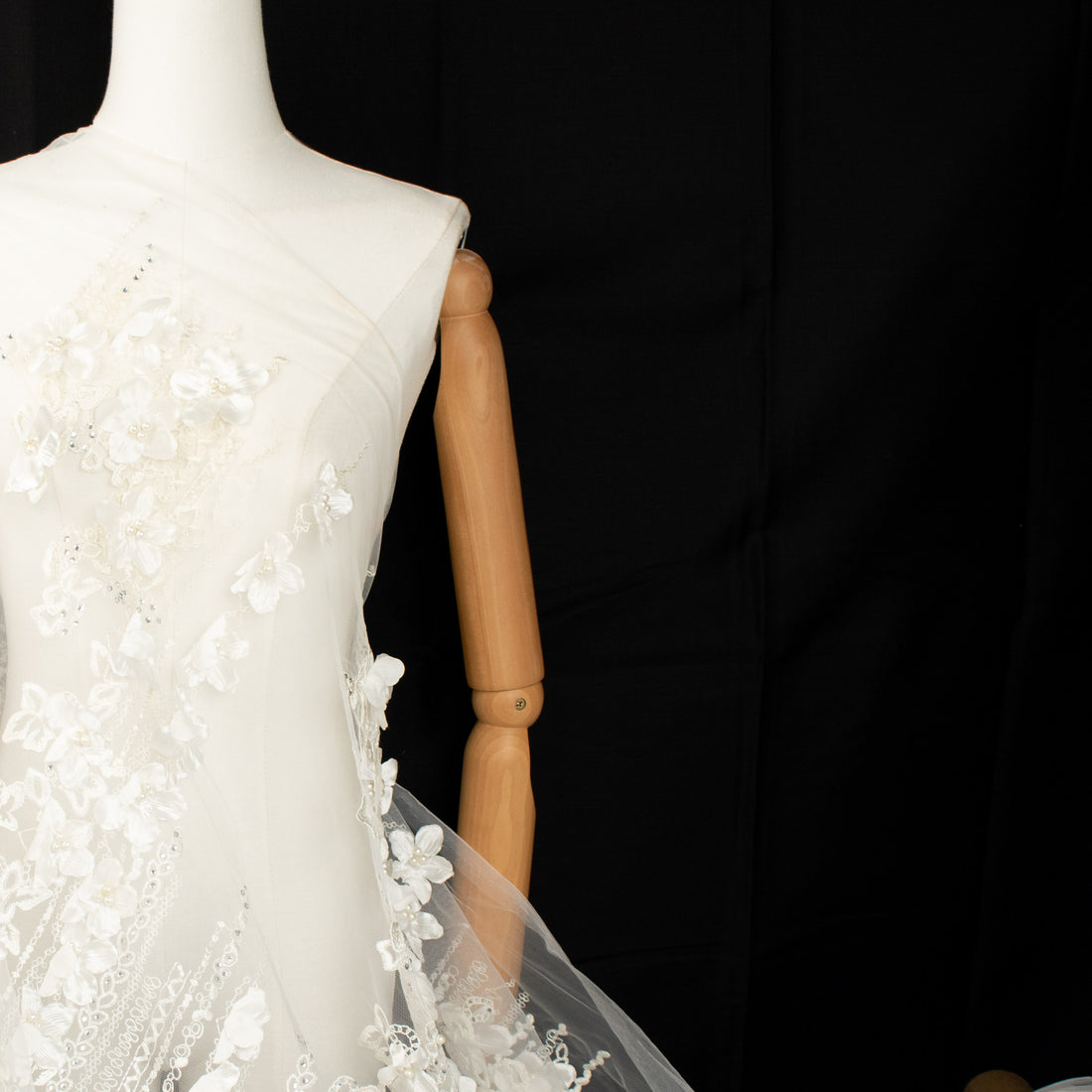 3D Flower Pearl Diamanta Embroidered Lace Ivory Design-7