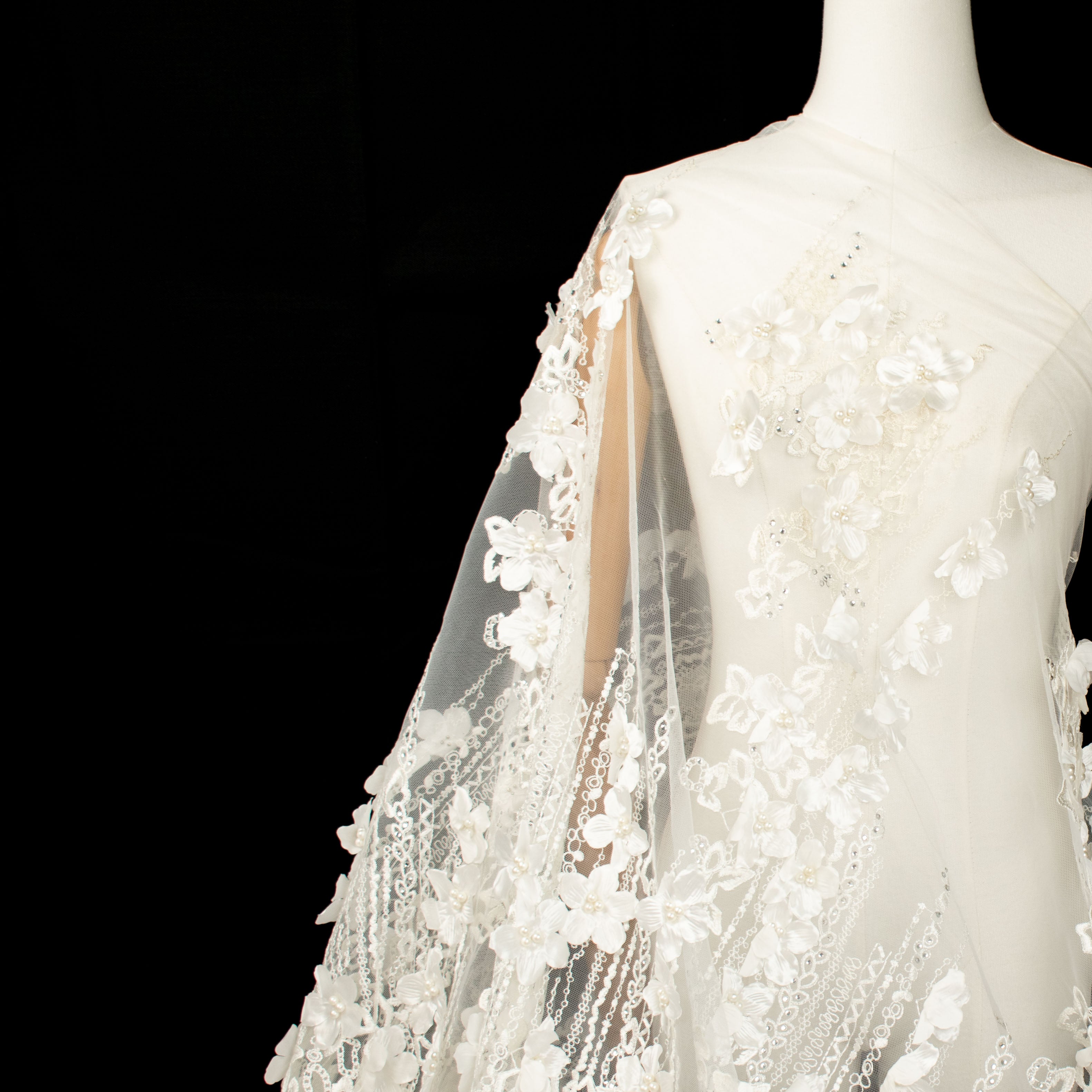 3D Flower Pearl Diamanta Embroidered Lace Ivory Design-7
