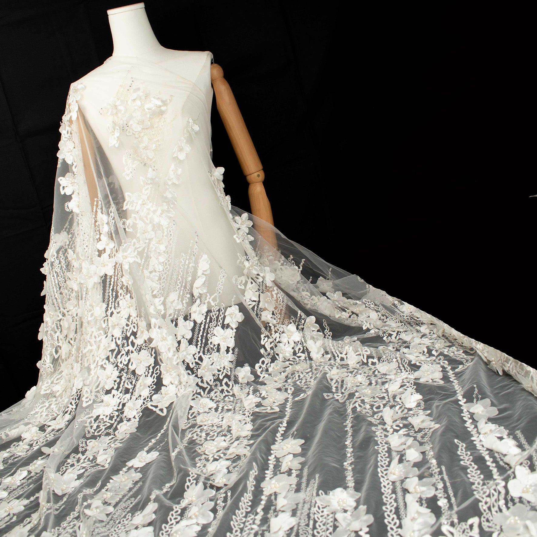 3D Flower Pearl Diamanta Embroidered Lace Ivory Design-7