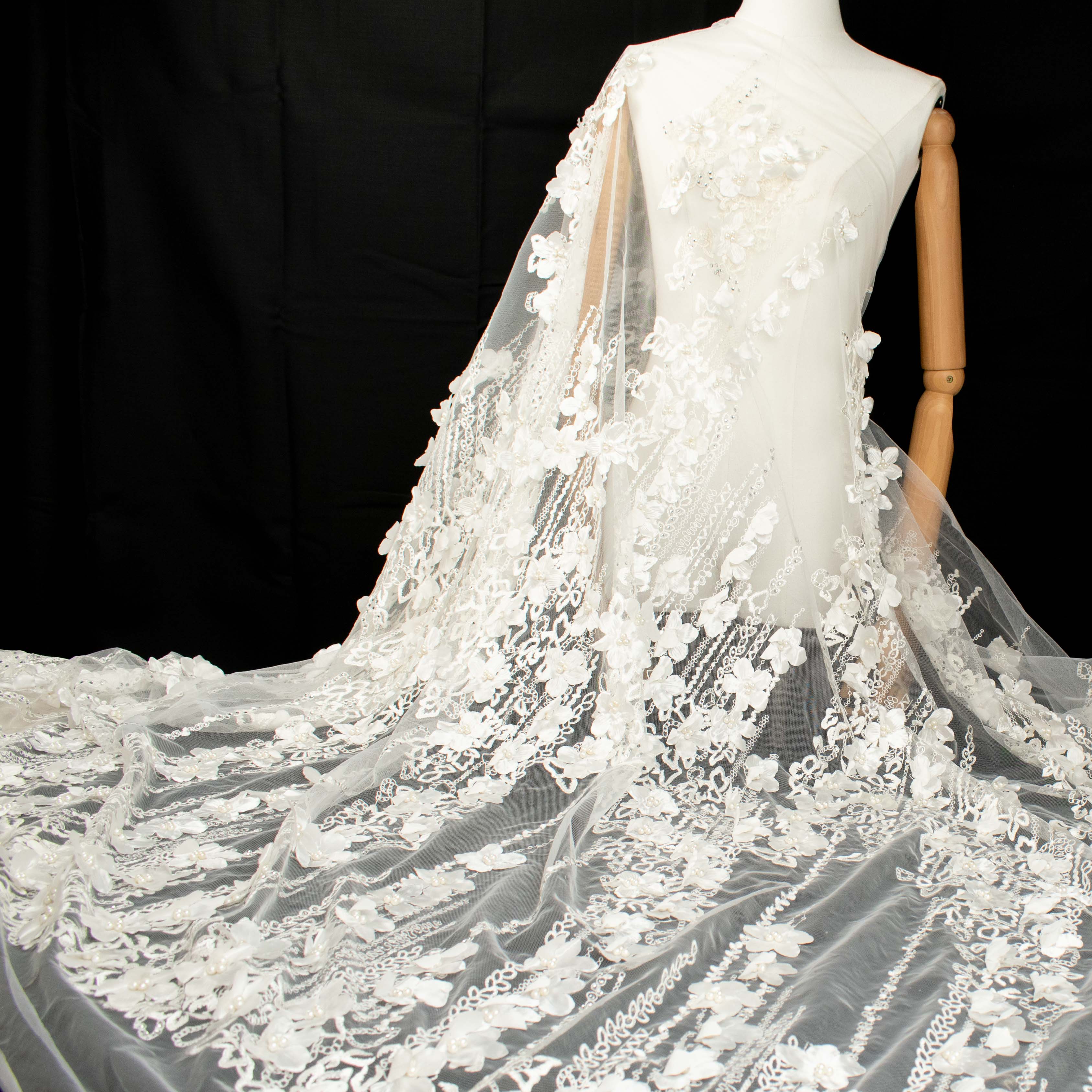 3D Flower Pearl Diamanta Embroidered Lace Ivory Design-7