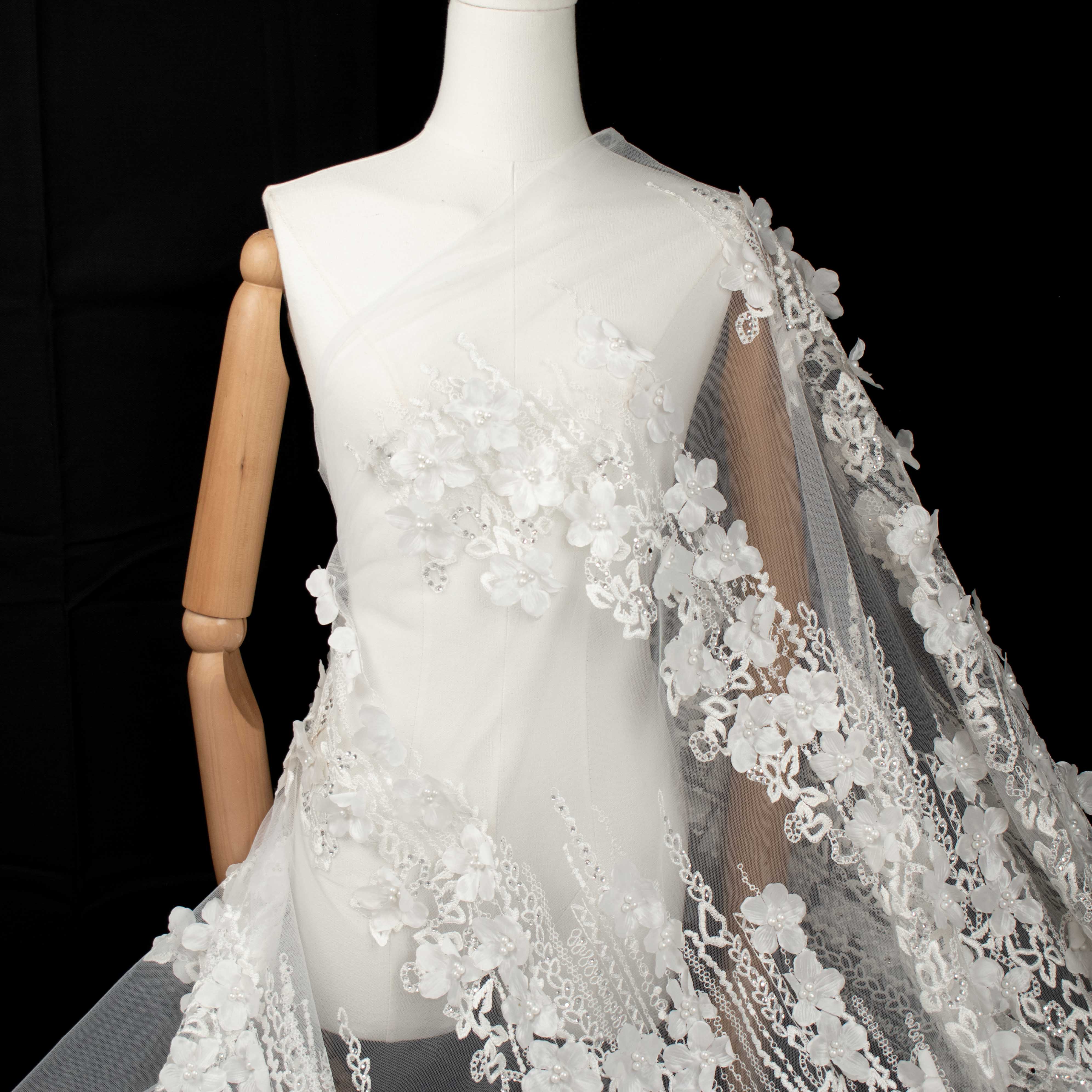 3D Flower Pearl Diamanta Embroidered Lace White Design-8