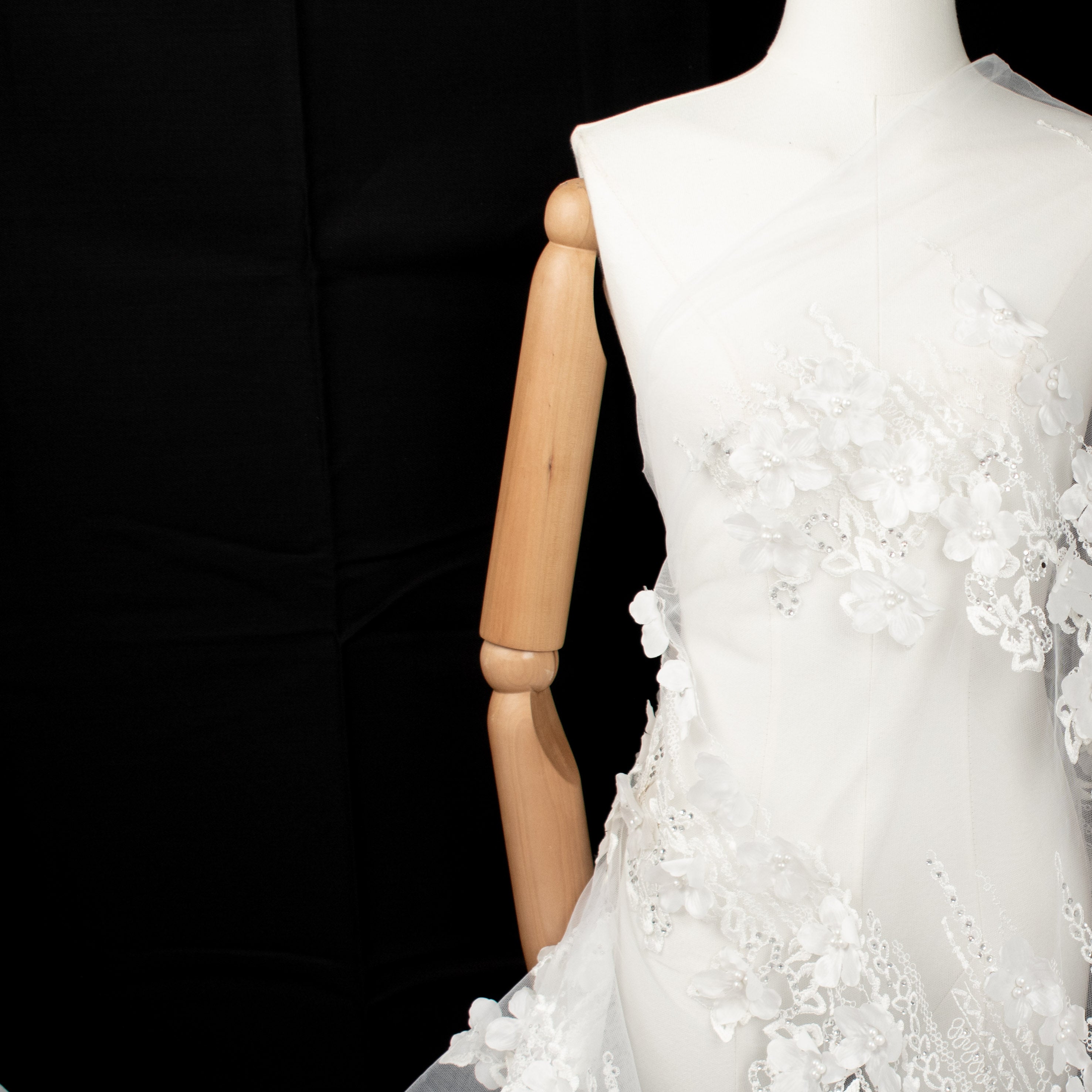 3D Flower Pearl Diamanta Embroidered Lace White Design-8