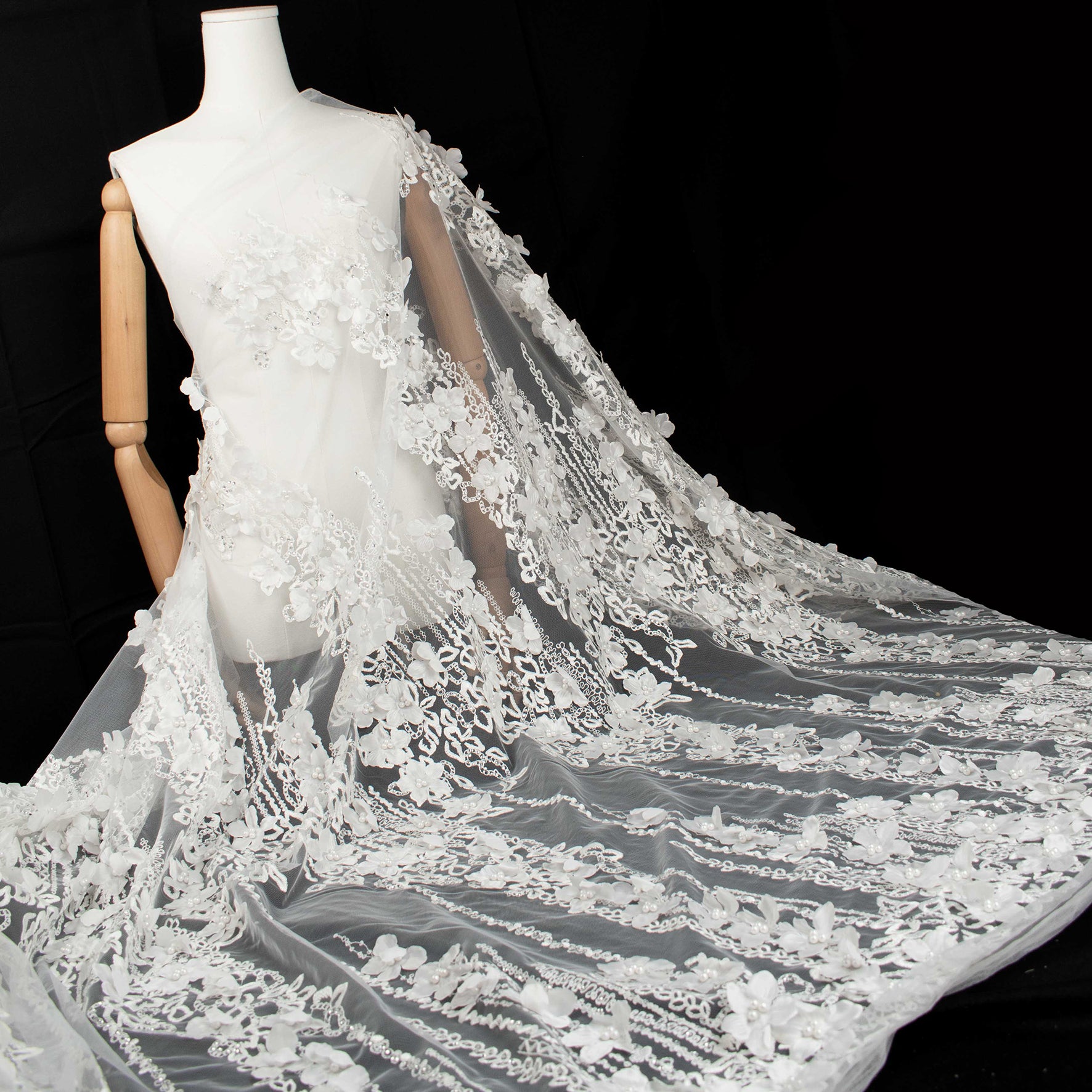 3D Flower Pearl Diamanta Embroidered Lace White Design-8