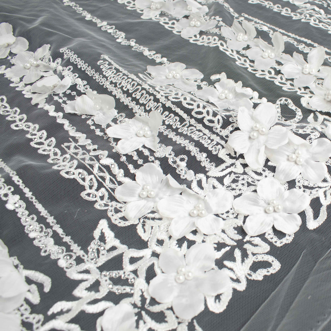 3D Flower Pearl Diamanta Embroidered Lace White Design-8