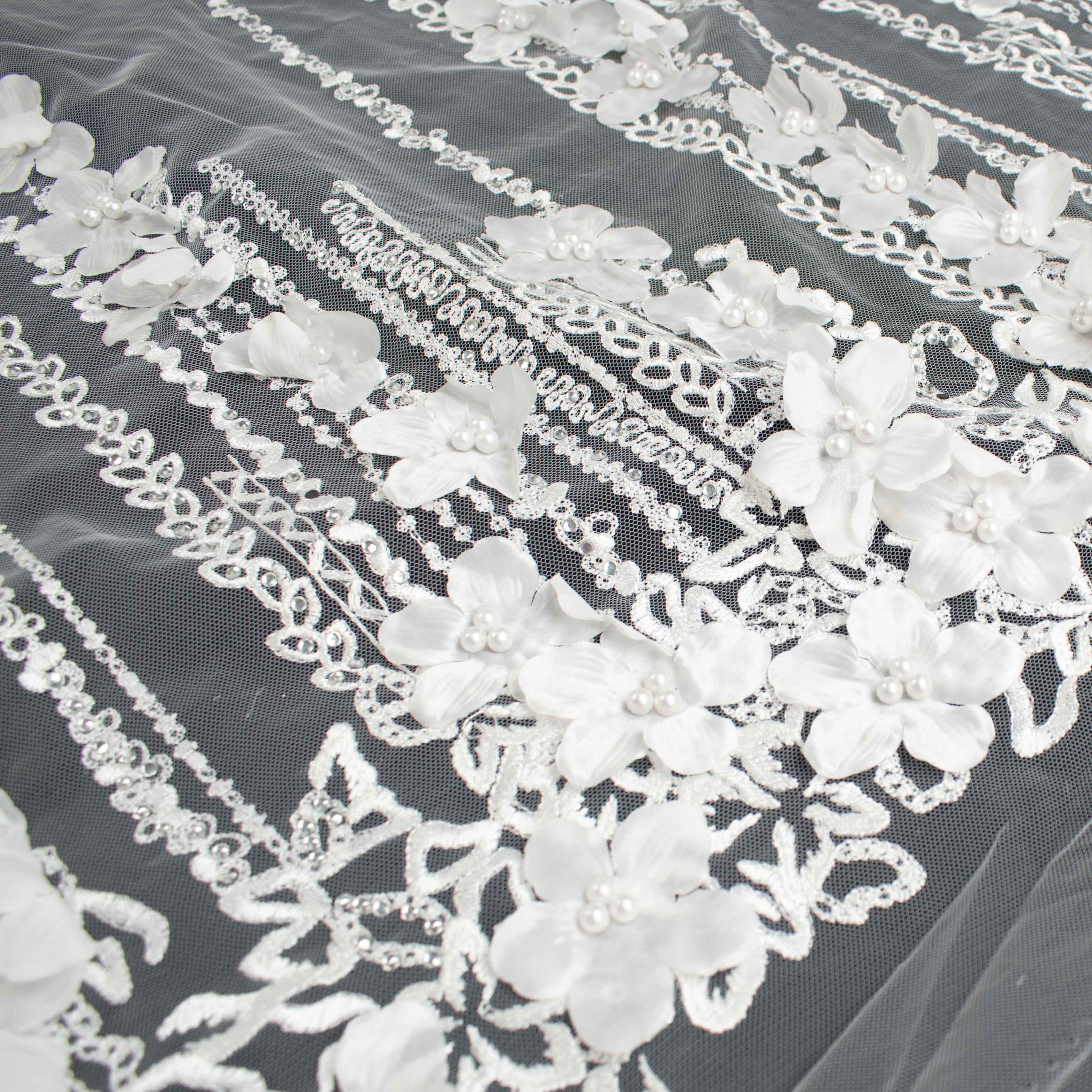 3D Flower Pearl Diamanta Embroidered Lace White Design-8