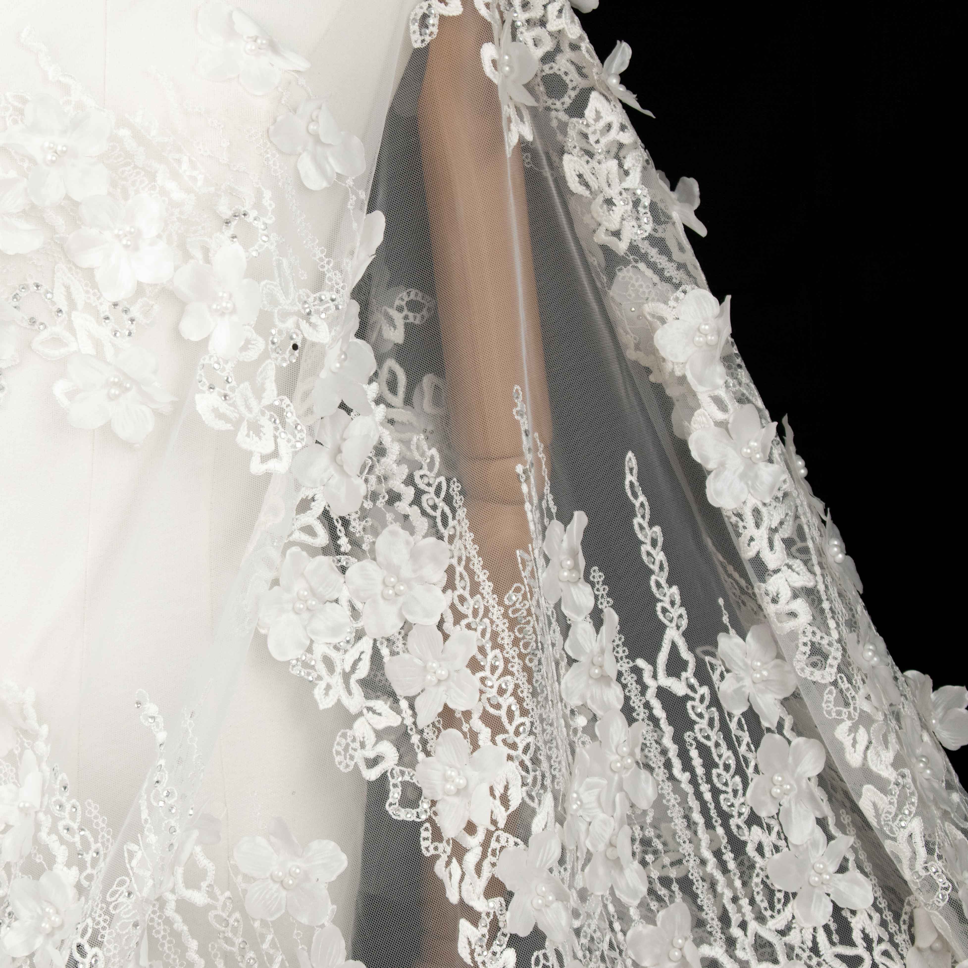 3D Flower Pearl Diamanta Embroidered Lace White Design-8