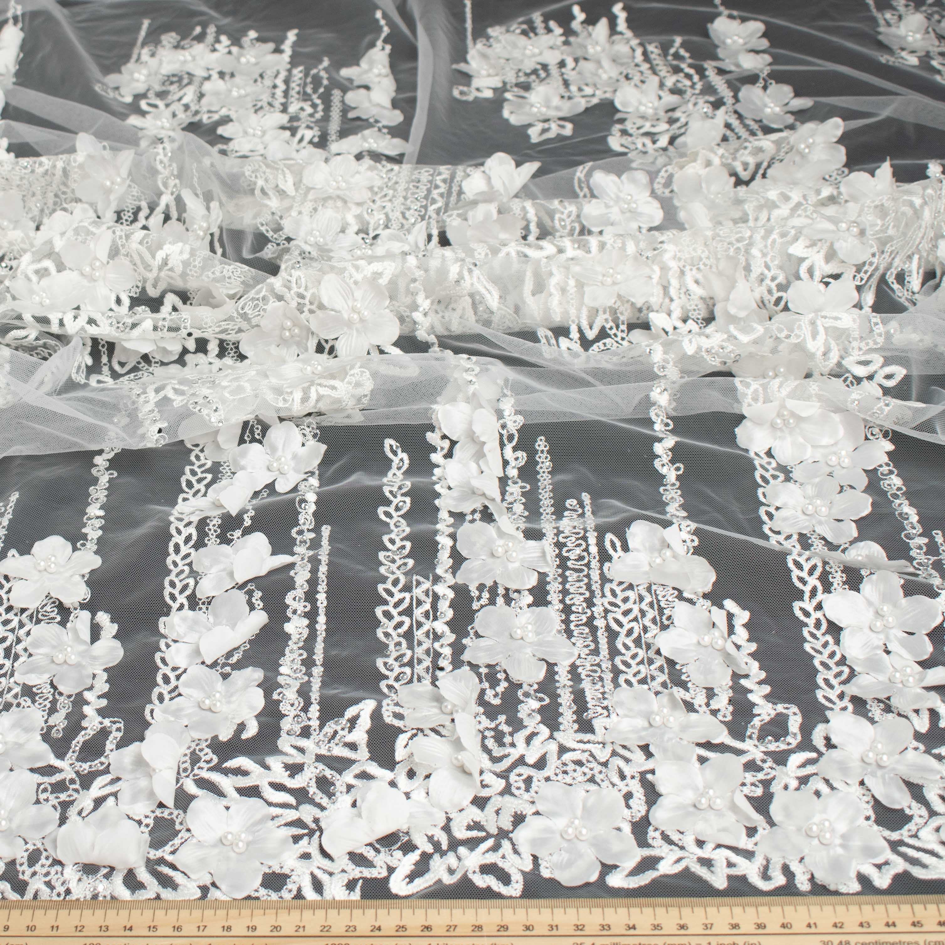 3D Flower Pearl Diamanta Embroidered Lace White Design-8