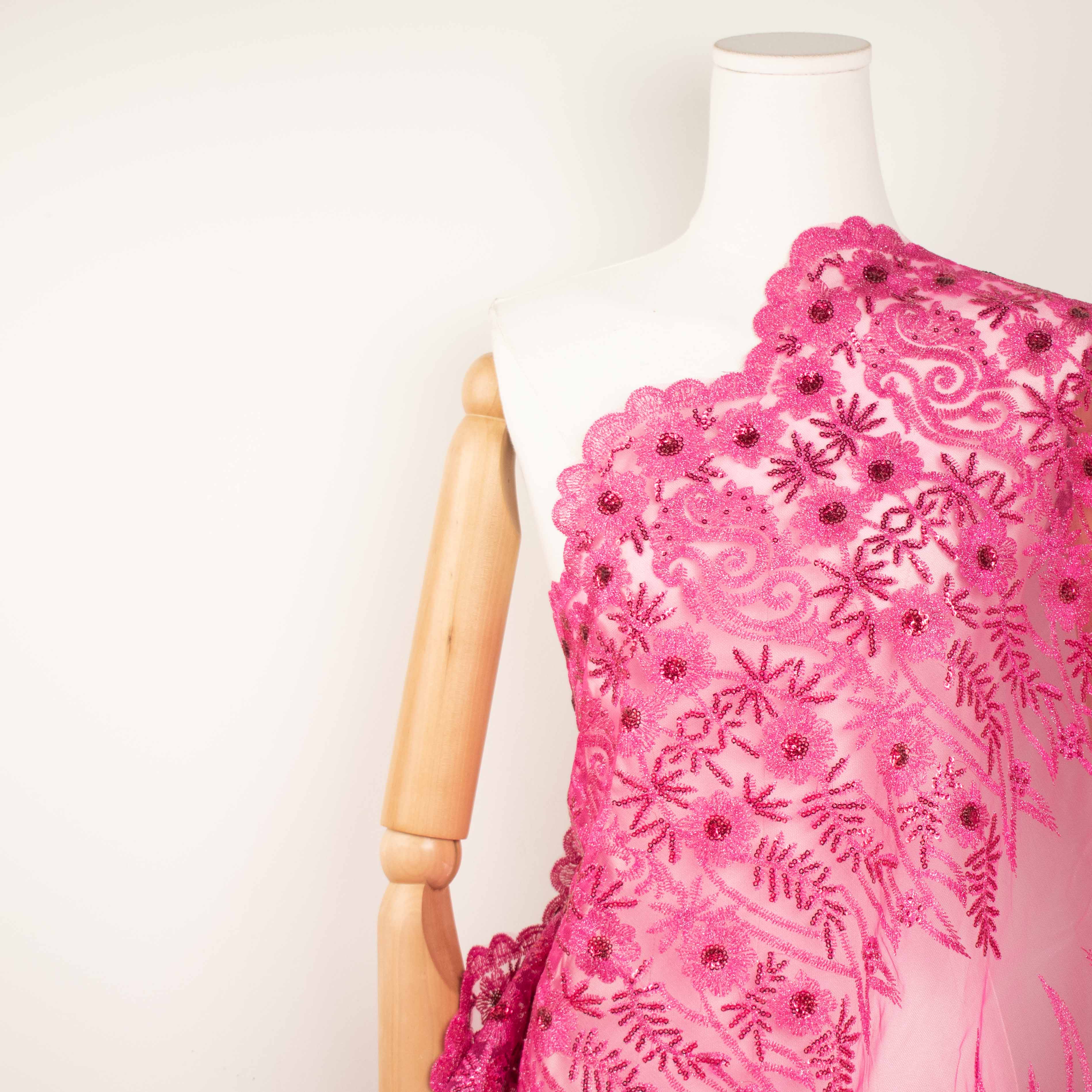 Metallic Sequin Glitter Embroidery Jewel Lace Hot Pink