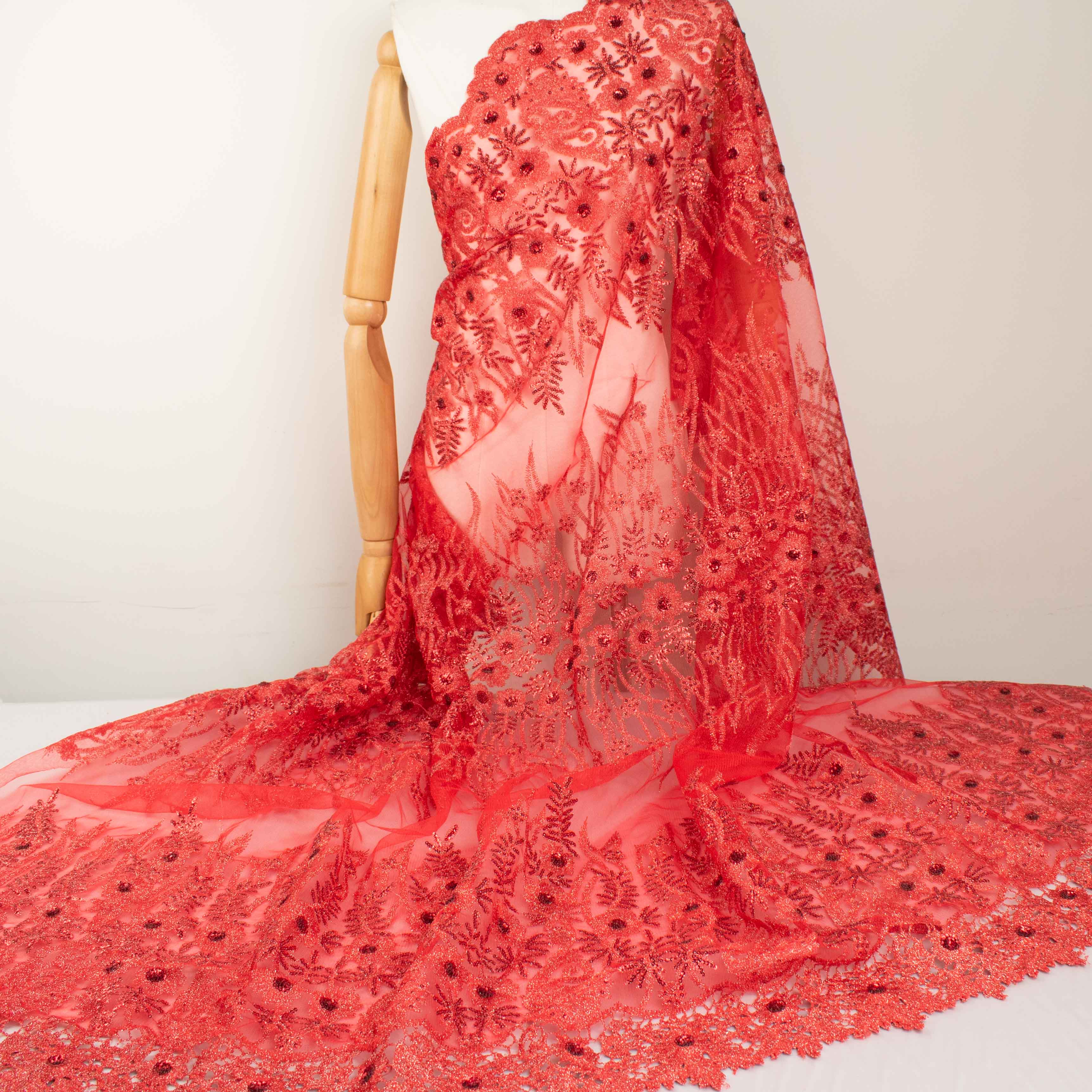 Metallic Sequin Glitter Embroidery Jewel Lace Red