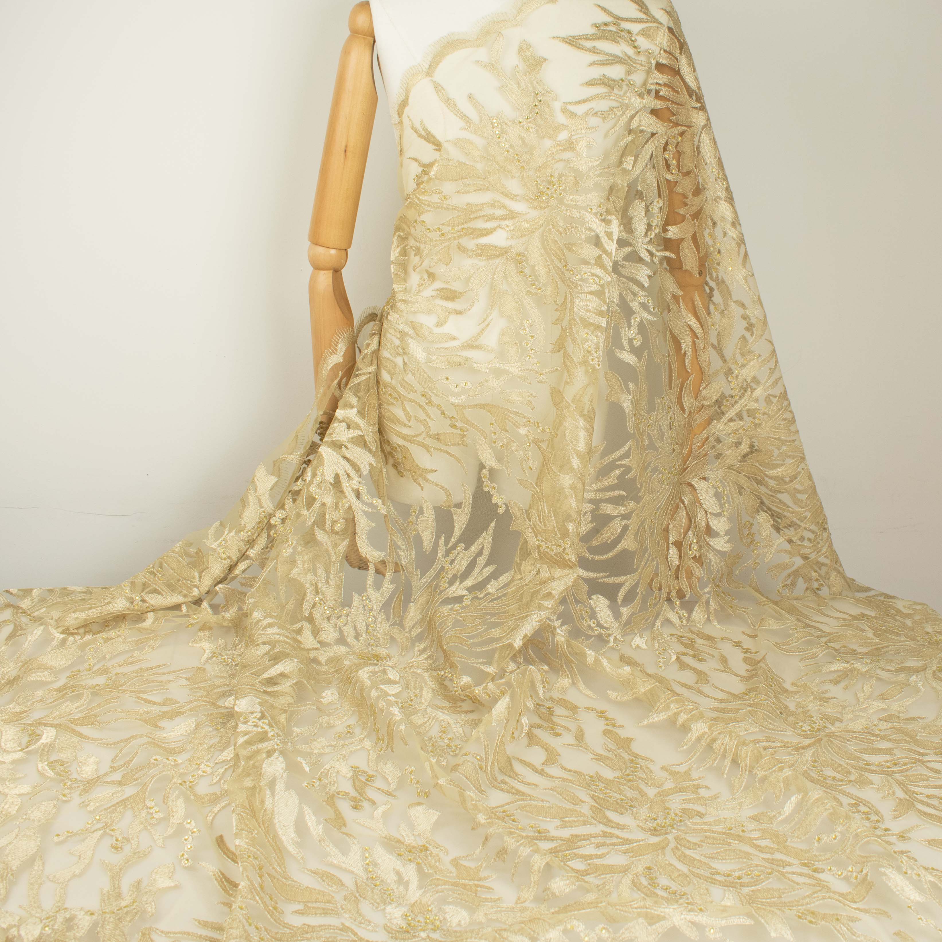 Embroidered Diamante Lace Gold