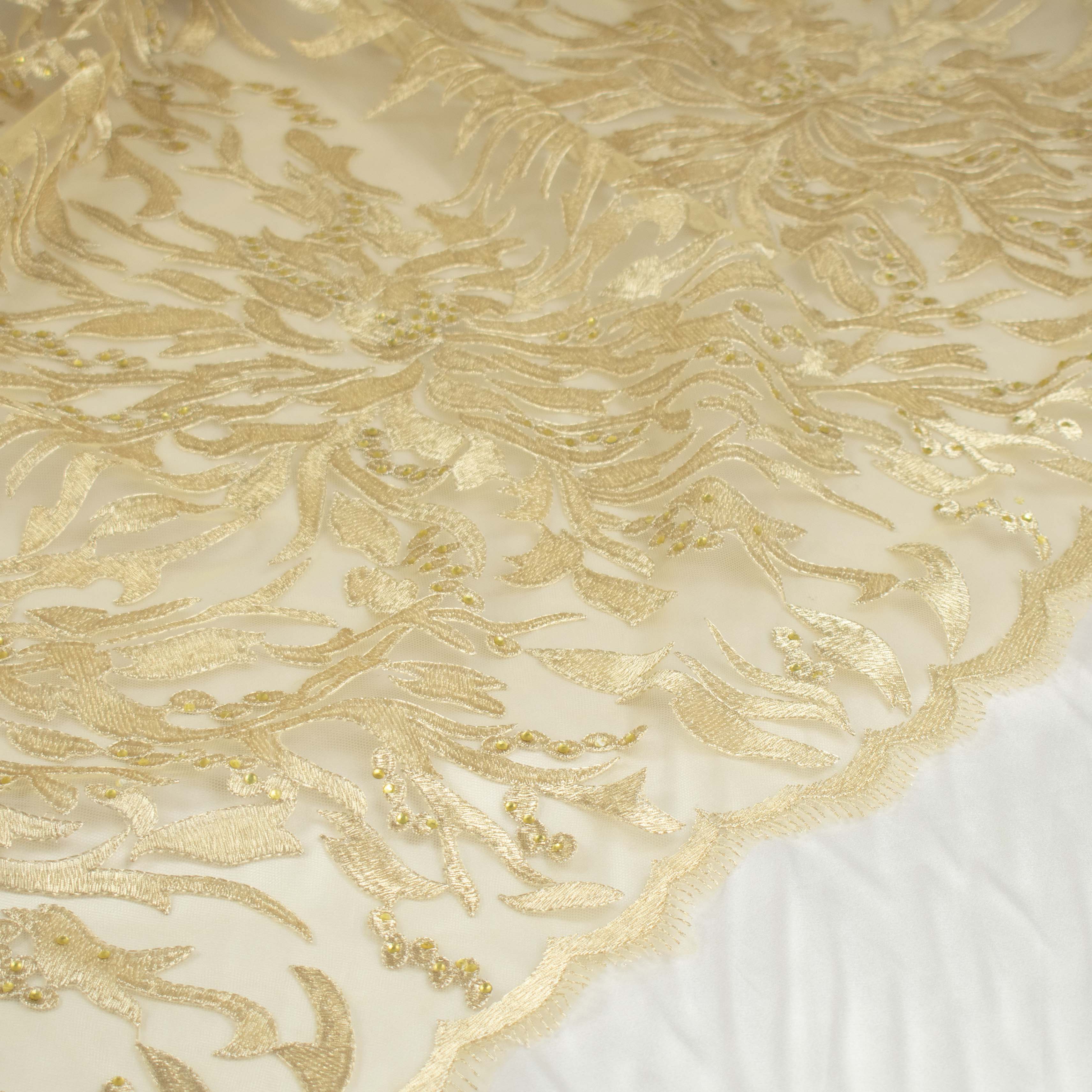 Embroidered Diamante Lace Gold