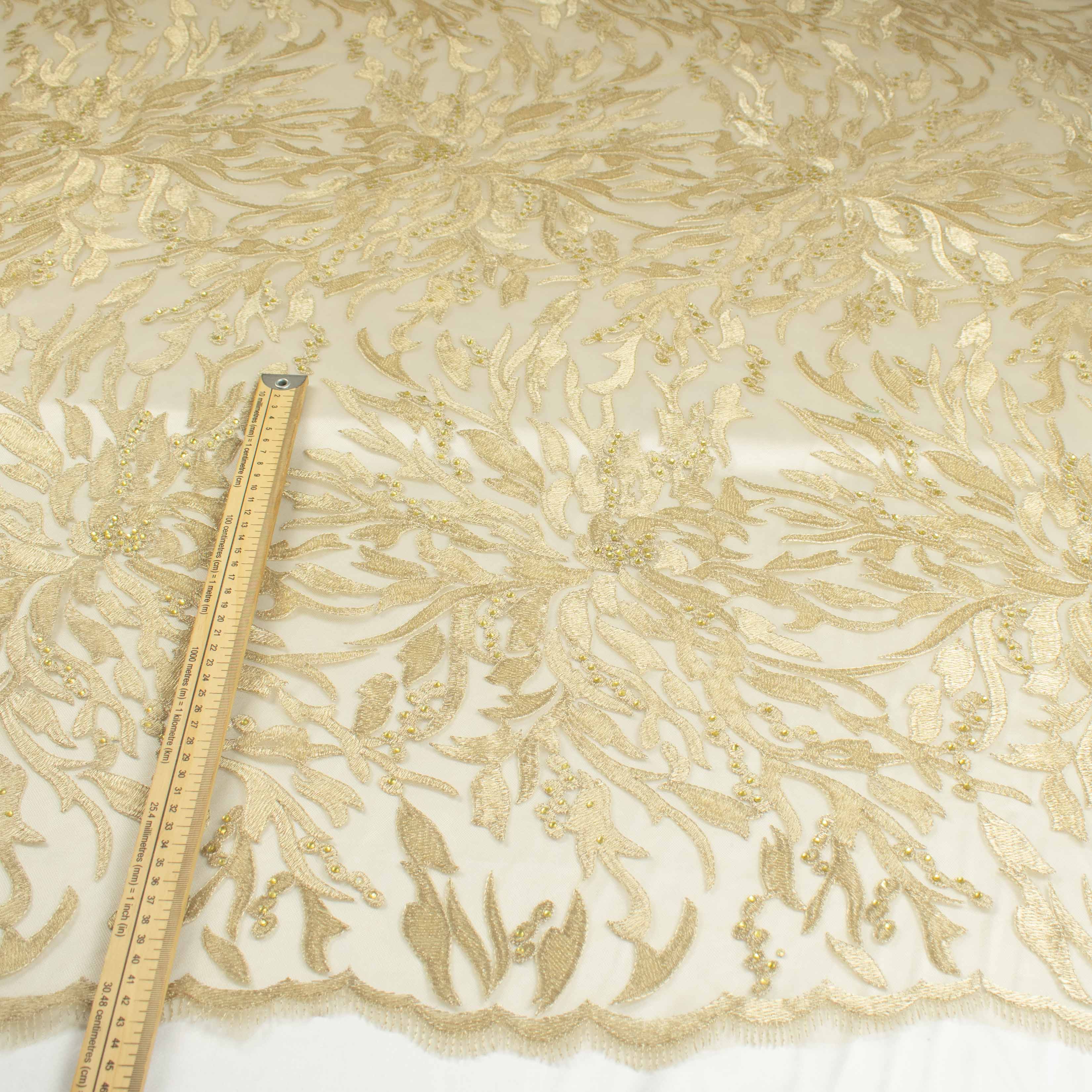 Embroidered Diamante Lace Gold