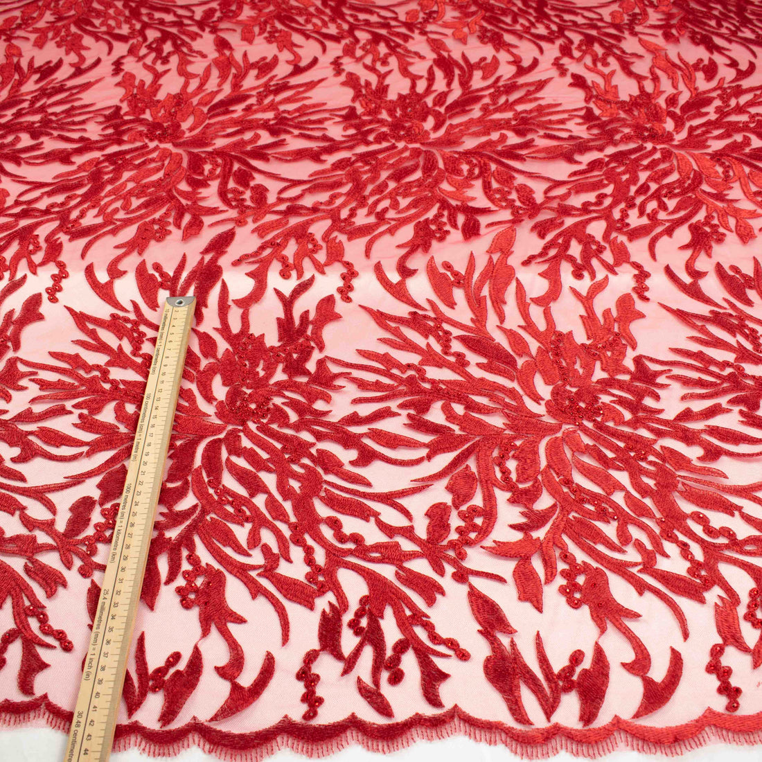 Embroidered Diamante Lace Red