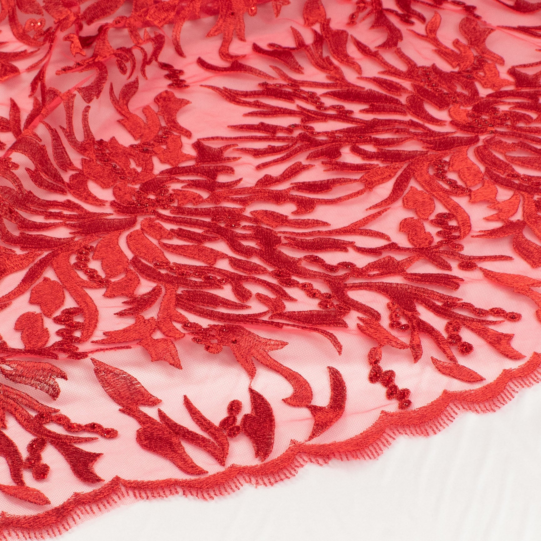 Embroidered Diamante Lace Red