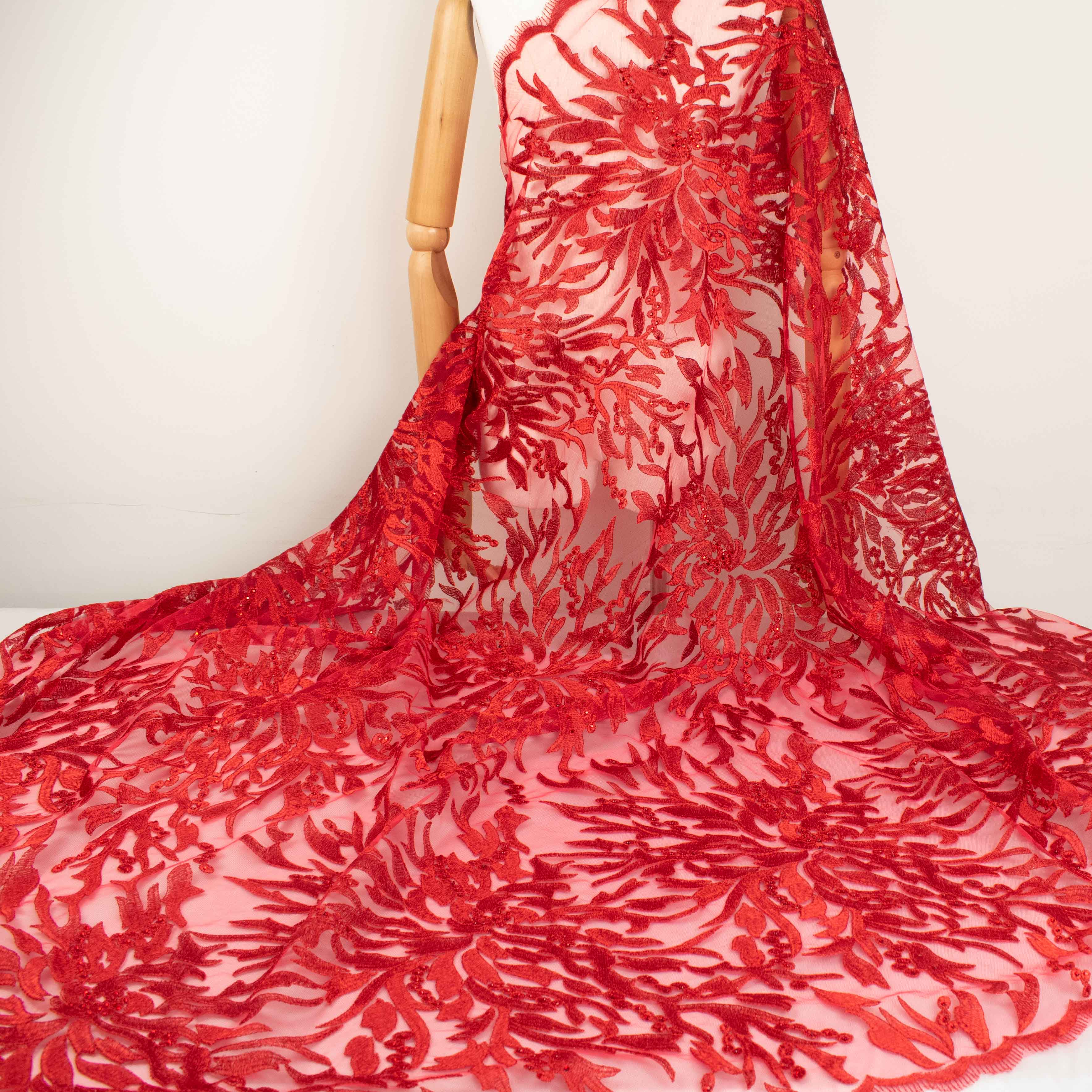 Embroidered Diamante Lace Red