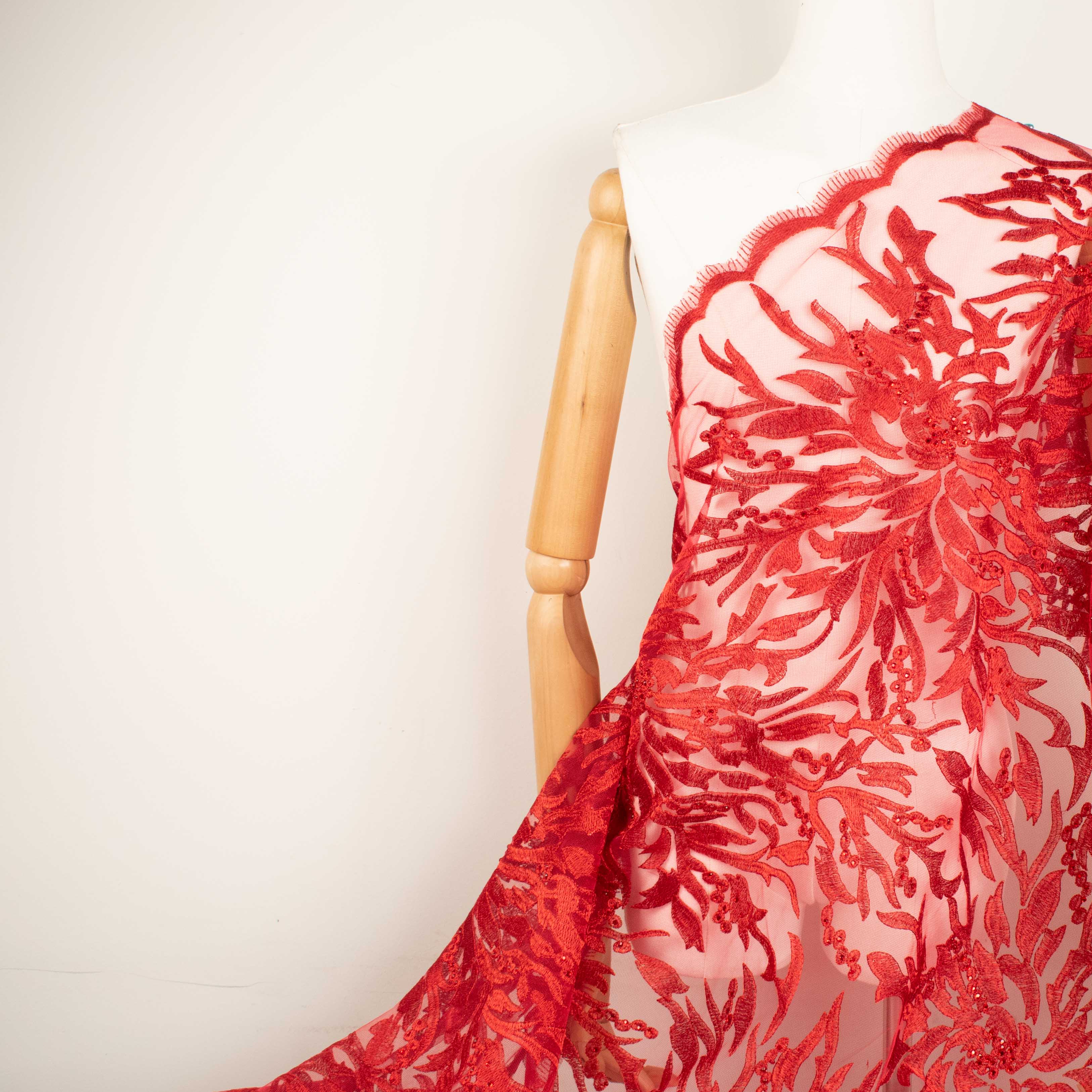 Embroidered Diamante Lace Red