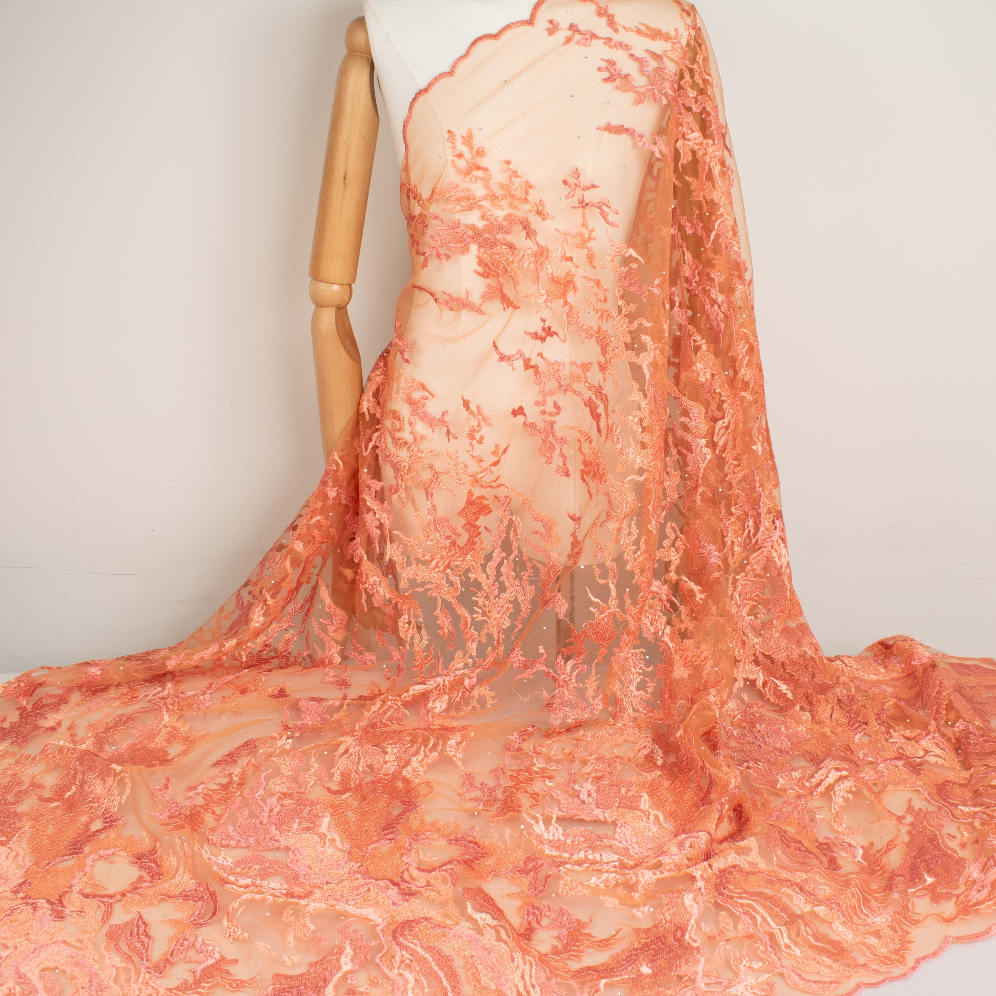Embroidered Diamante Lace Design-4 Coral Orange