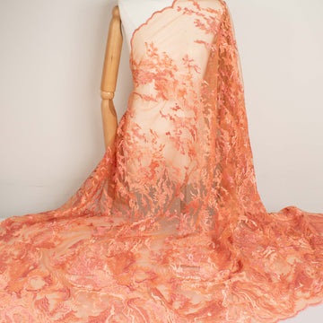 Embroidered Diamante Lace Design-4 Coral Orange