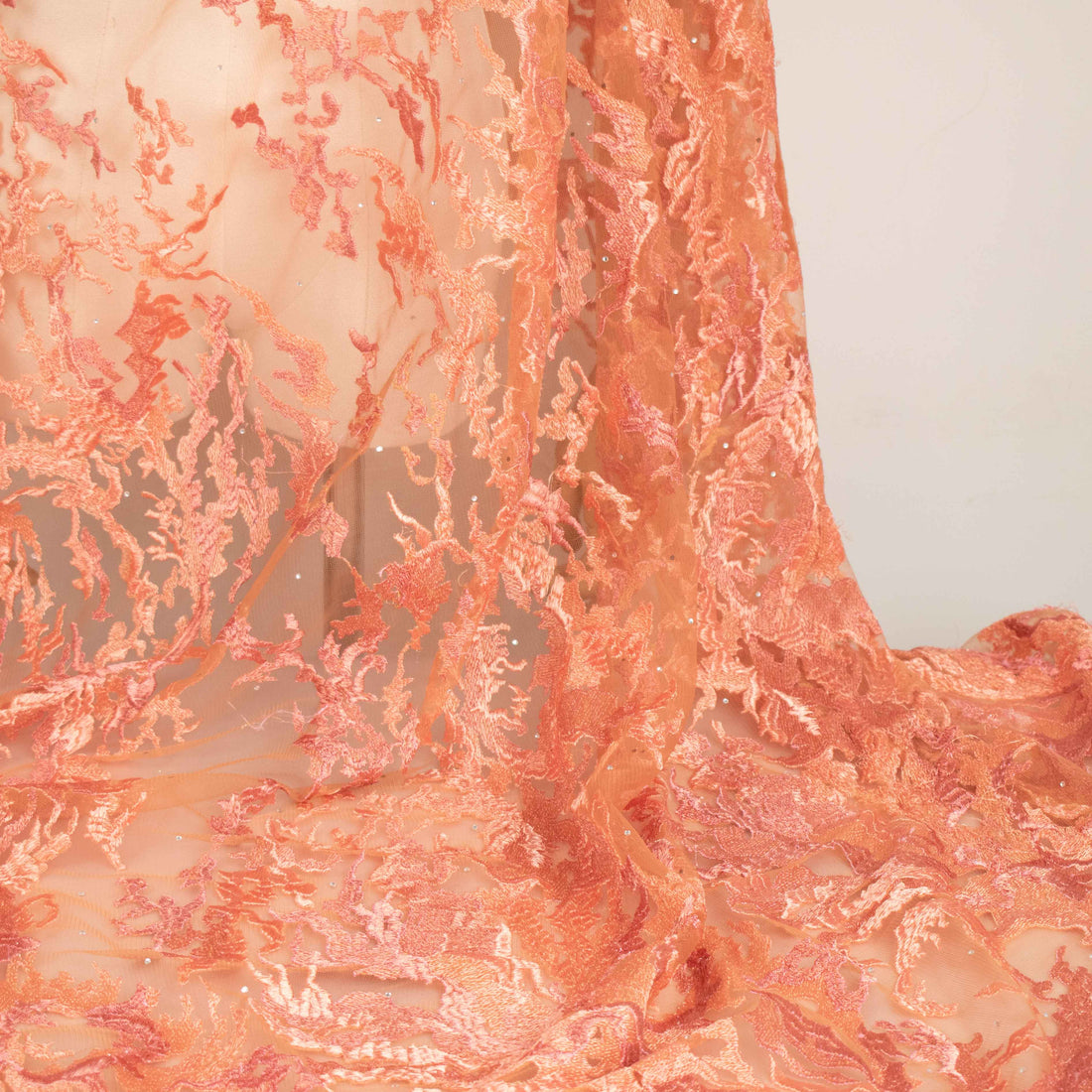 Embroidered Diamante Lace Design-4 Coral Orange